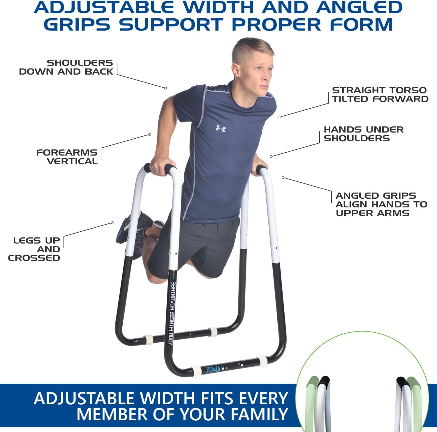 Ultimate Body Press Dip Bar Fitness Station - Adjustable Width Folding Dip Stand with Angled Grips, Stable Leveling and Easy Storage