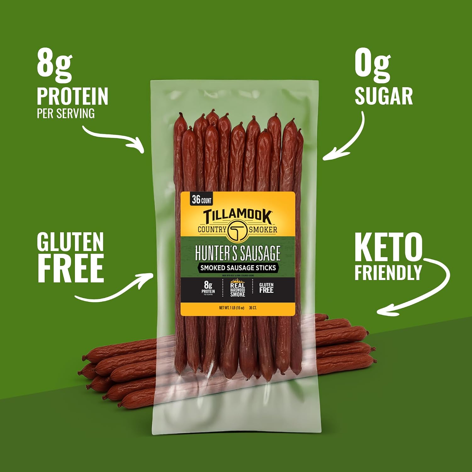 Tillamook Country Smoker Hunter’s Sausage Smoked Sausage, 16 Oz, 36 Ct, Bulk Pack, Real Hardwood Smoked Beef Meat Sticks, 8g Protein