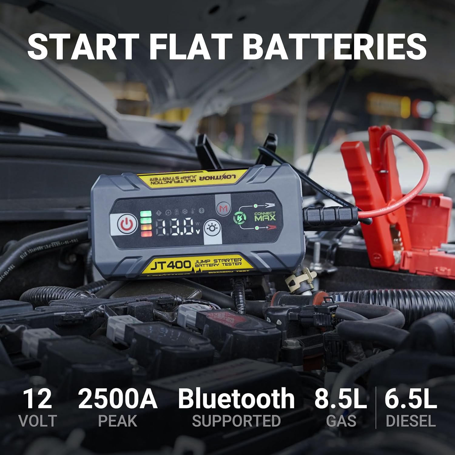 LOKITHOR JT400 2500A Portable Jump Starter with 100–2000 CCA Battery Tester, 12V Car Battery Jump Starter for Up to 8.5L Gas or 6.5L Diesel Engines, Smart Bluetooth Automotive Battery Load Tester