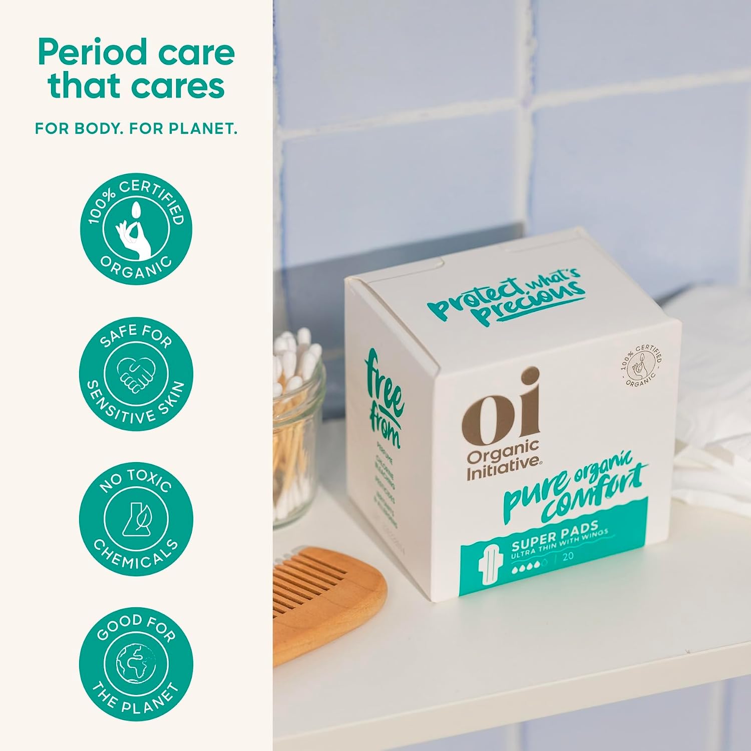 Oi | Organic Initiative - Ultra Thin Pads with Wings, 20 Count (10 Regular/10 Super) | 100% Certified Organic Cotton Pads, Unscented | Leak Free, Biodegradable Thin Pads for Women | Non-GMO, Non Toxic