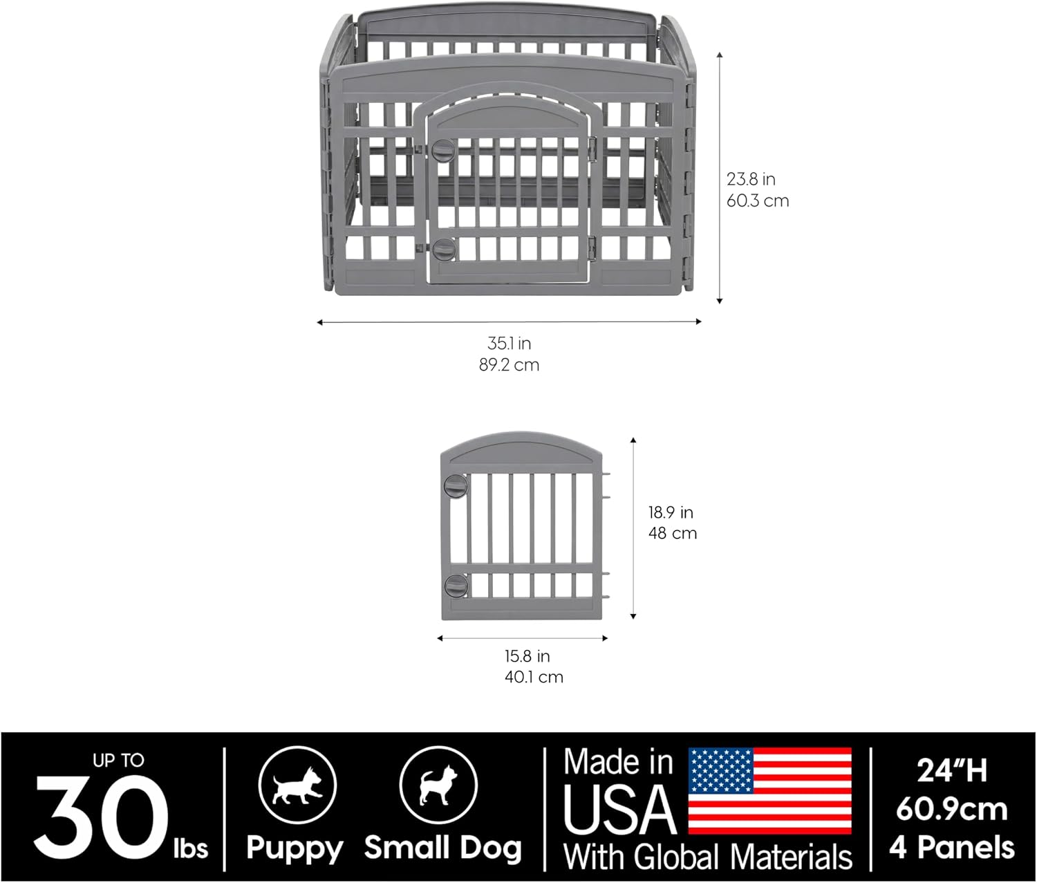 IRIS USA 4-Panel Dog Playpen, Pet Enclosure, Black | Pet Containment, Configurable Layout, Multi-Shape Setup, Custom Pen Configuration, Stable Non-Tip Base, Tool-Free Assembly