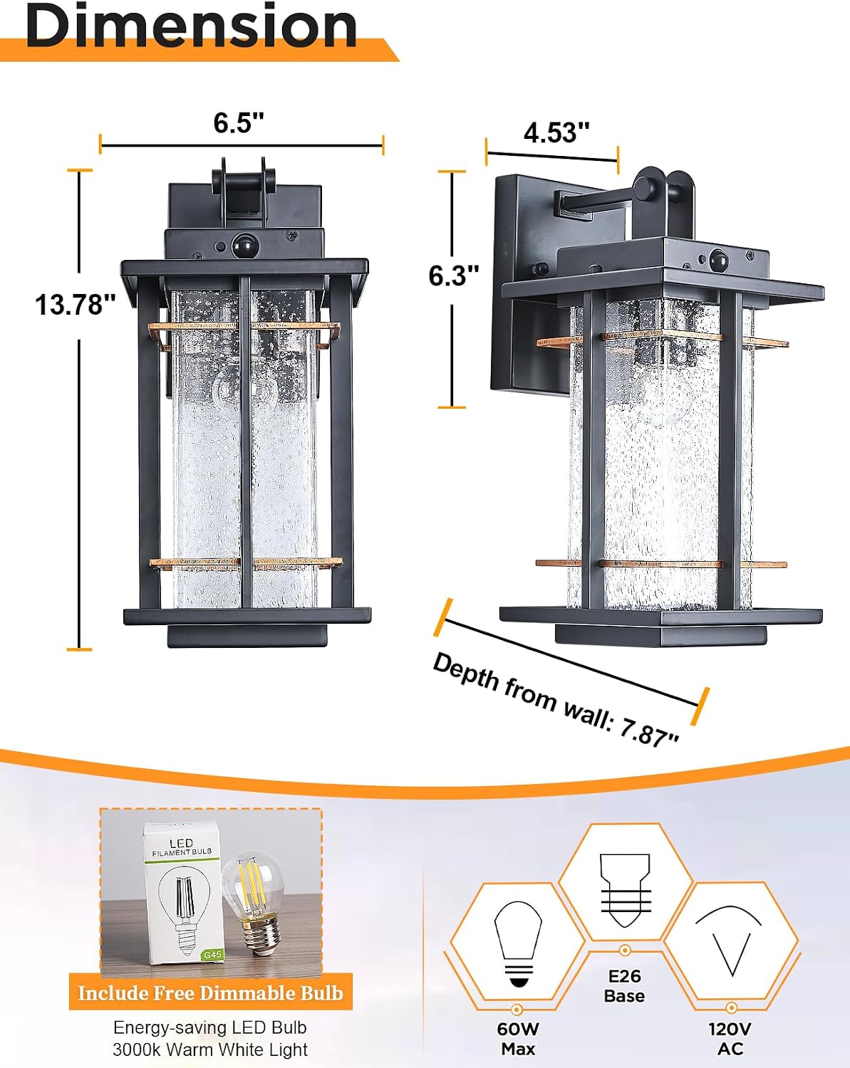 Rustic Dusk to Dawn Outdoor Wall Light Fixture 13.8"H Waterproof Exterior Wall Sconces Black Metal with Seeded Glass Sensor Outdoor Wall Lantern for