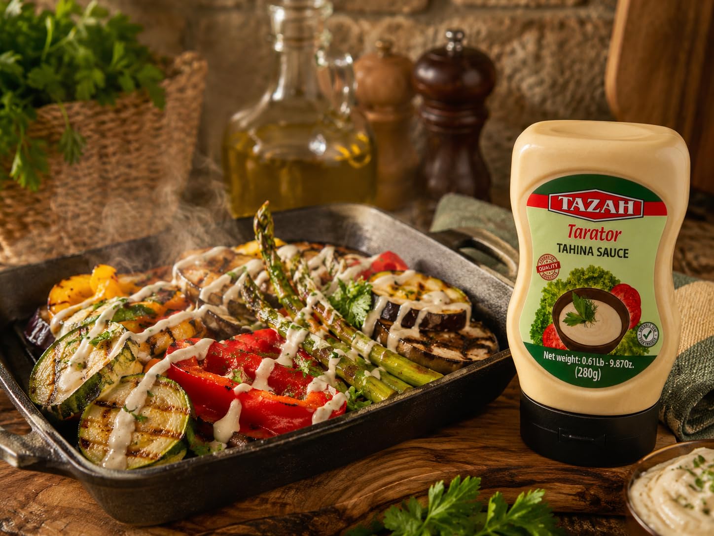 TAZAH Lebanese Tahini Sauce, 9.87 OZ Squeezable Bottle, Tarator Sesame Dressing & Dip for Shawarma, Falafel, Fish, Vegetables