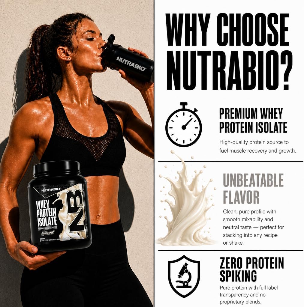 NutraBio 100% Whey Protein Isolate Protein Powder, 25g Protein with Complete Amino Acid Profile, Non-GMO, Soy & Gluten Free, Low Carb, Low Calorie Whey Protein Powder, Raw Unflavored, 20 Servings