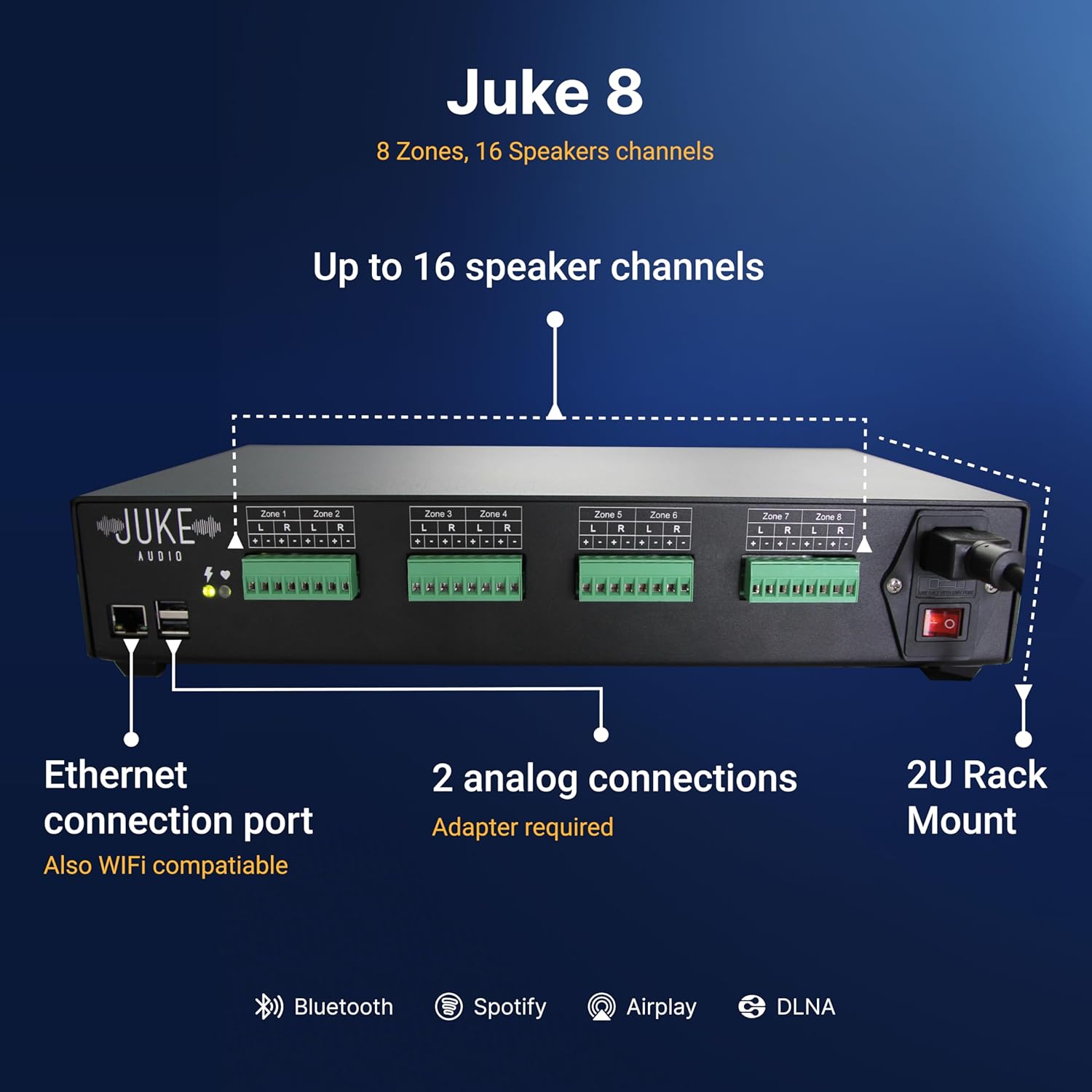 Juke-8: 8 Zone Multi-Room Amplifier | Built-in Music Streaming & Wireless App Control | Supports 8 Audio Sources Simultaneously | Whole Home Audio