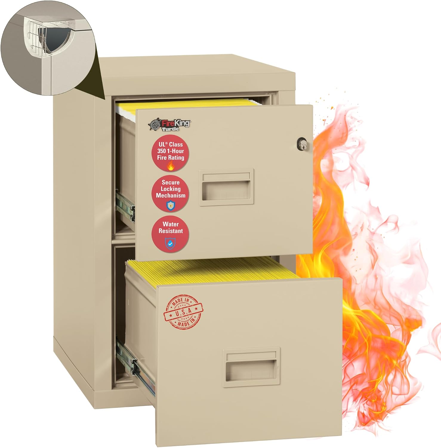 FireKing Turtle Vertical 2 Drawer Fire Rated File Cabinet, Black | 1 Hour Fire Rated Filing Cabinet - UL Class 350 - Water Resistant - Key Lock - Made in USA
