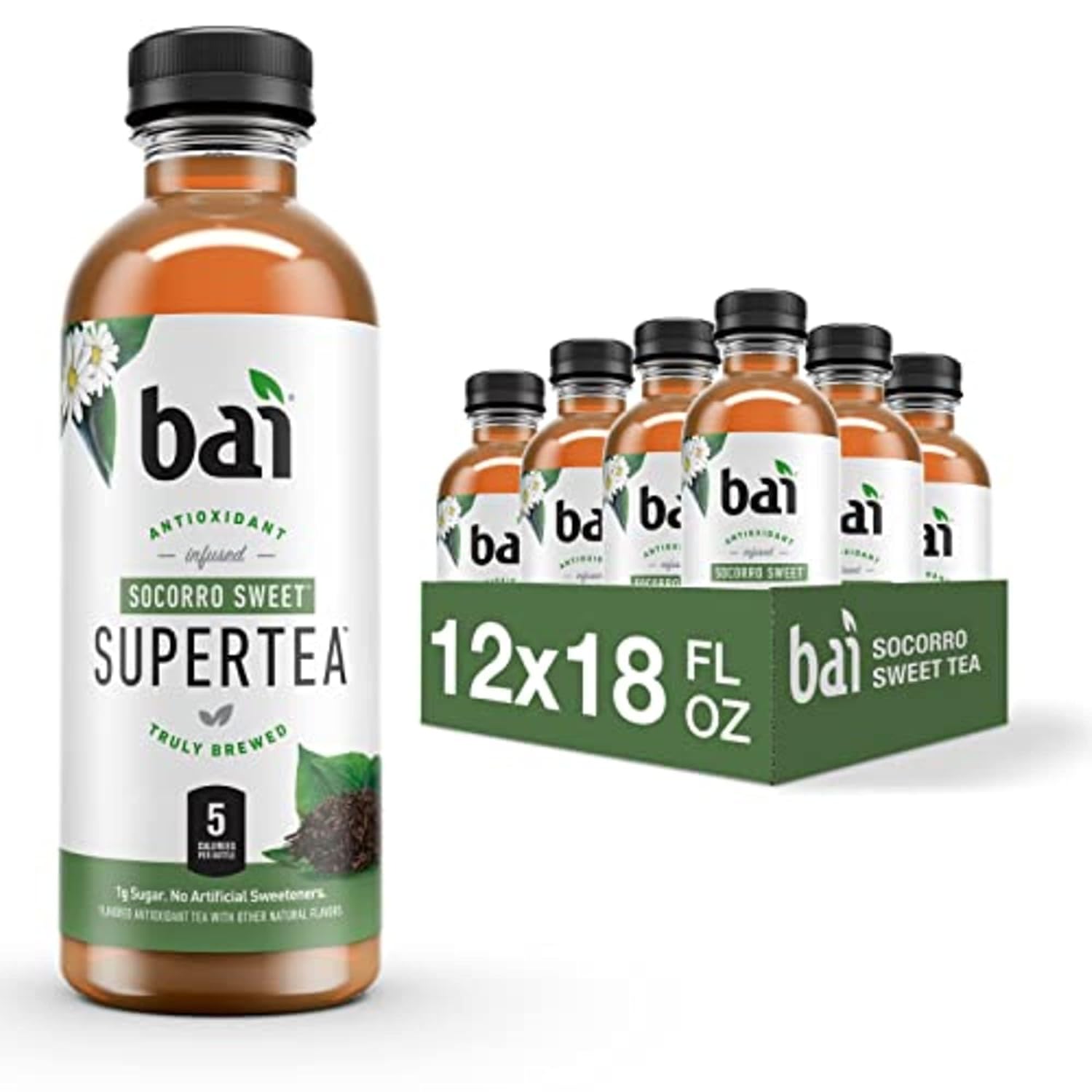 Bai Iced Tea, Narino Peach, Antioxidant Infused Supertea, Crafted with Real Tea (Black Tea, White Tea), 18 Fluid Ounce Bottles, 12 count
