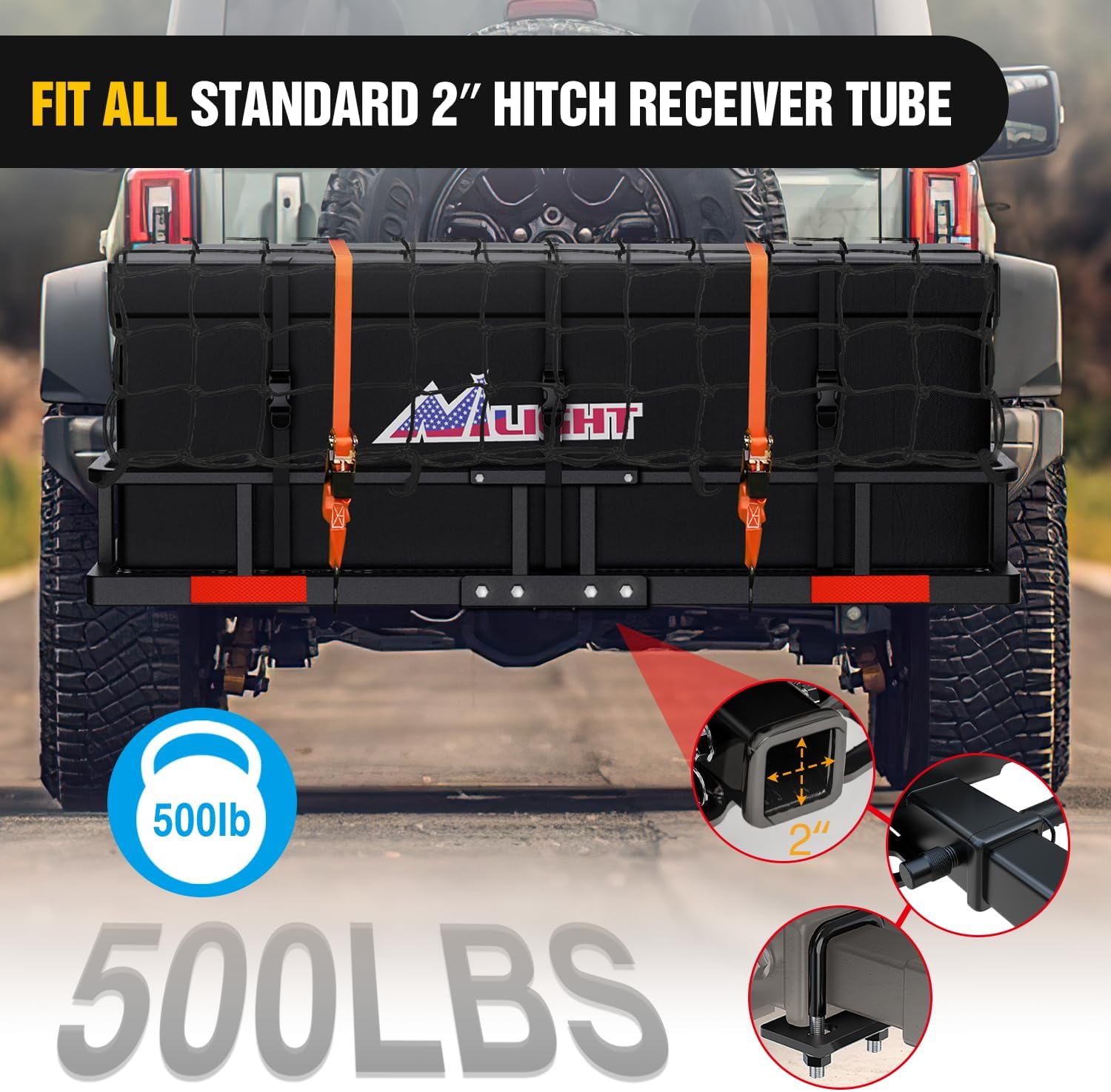 Nilight 32”×26”×4” RV Bumper Mounted Cargo Rack Carrier with Net Fits 4-inch or 4-1/2-inch Bumpers Heavy Duty Luggage Holder Basket for RV Camping Traveling Capacity 350LBS