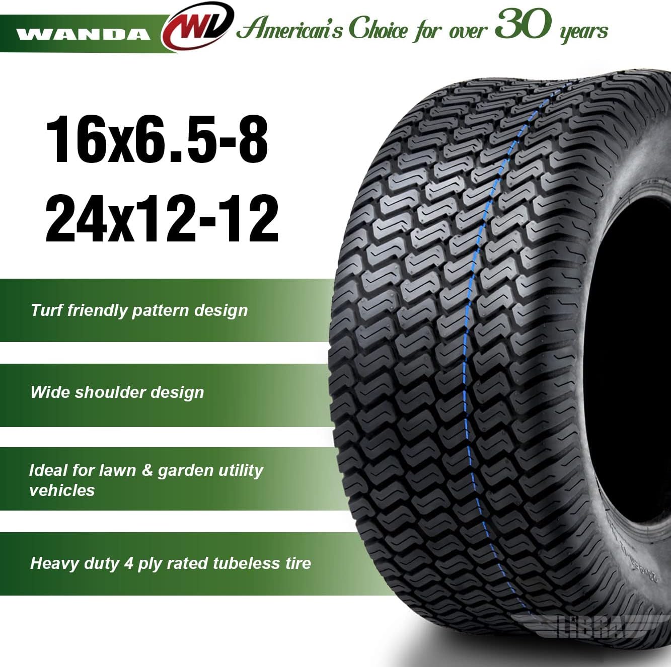 WANDA Set 4 Lawn Mower Turf Tires 16x6.5-8 & 23x10.5-12 /4PR -13019/13049 | Riding Lawn Mover, Garden Tractor