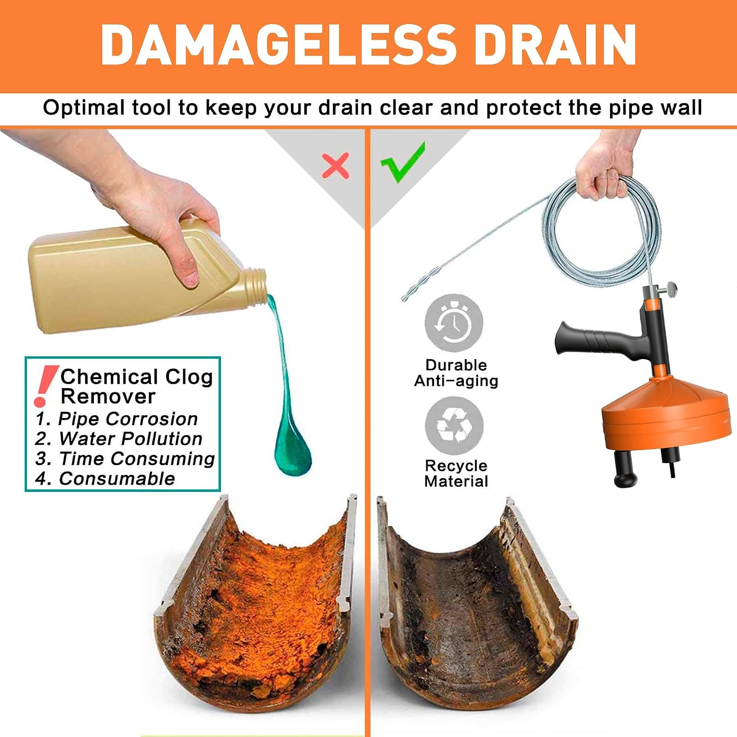 BACOENG 25Ft Drain Auger, Heavy Duty Plumbing Snake with Drill Adapter, Use Manually or Powered for Drain Clog, Shower Sink, Comes with Gloves and Bag (Orange)