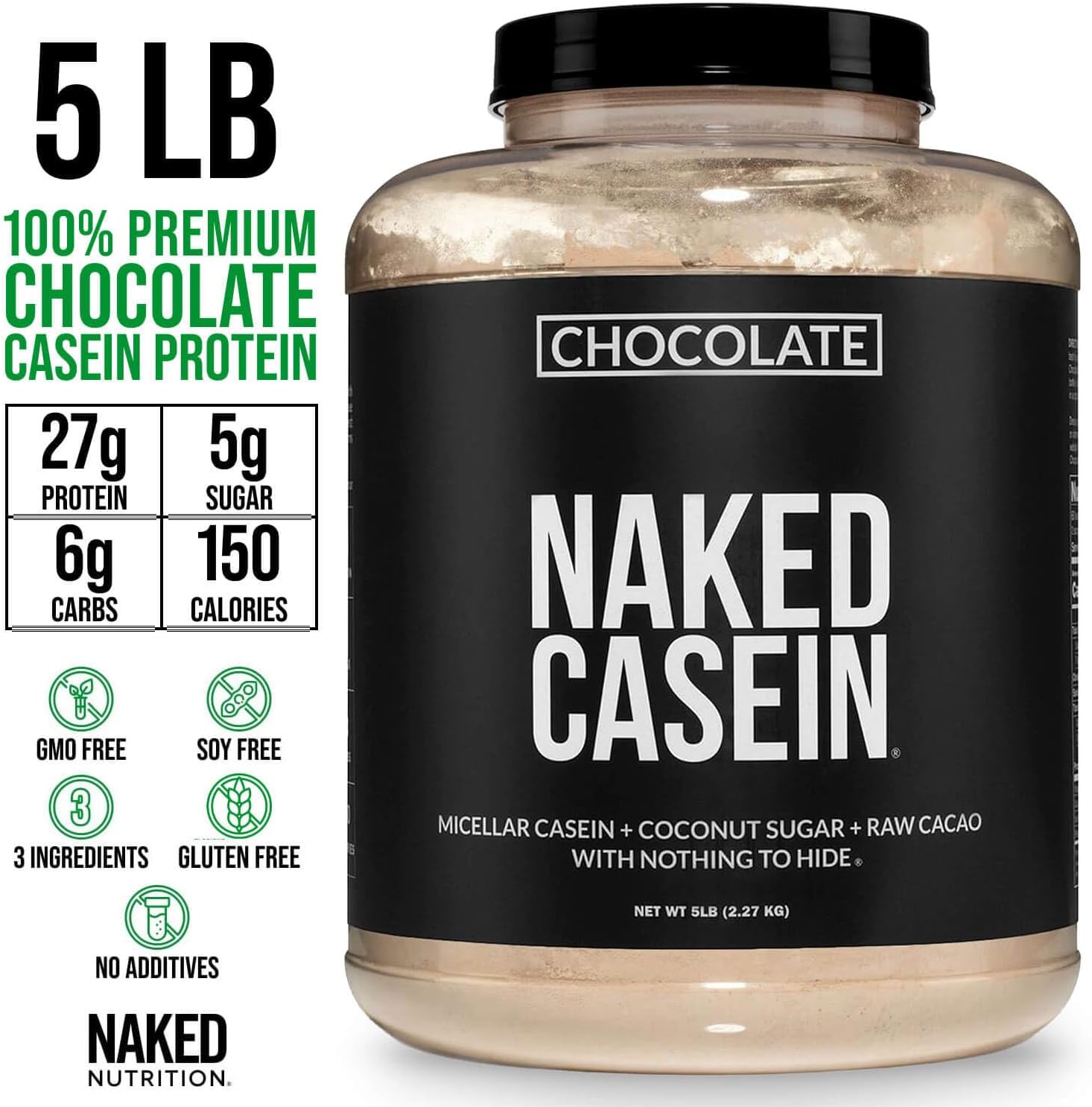 NAKED Casein - Vanilla Micellar Casein Protein - 5 Pound Bulk, NSF Certified, GMO-Free, Gluten-Free, Soy-Free, Preservative-Free - Stimulate Muscle Growth - Enhance Recovery - 61 Servings