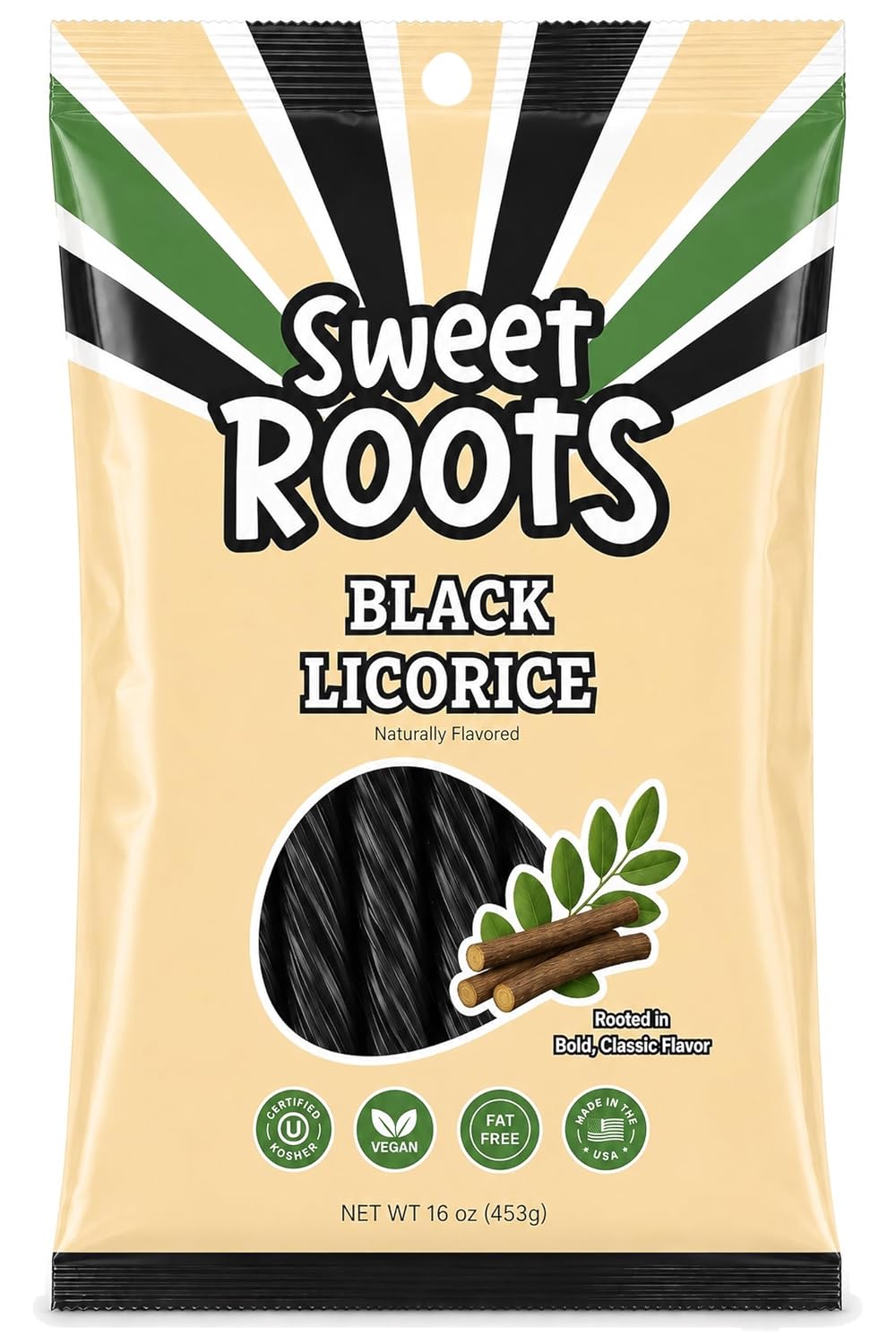 Sweet Roots Black Licorice Twists – 1 Bag (16 oz) – Jumbo Size Candy Sticks | Vegan, Fat Free, Kosher | Soft Gourmet Licorice Candy with Classic Black Licorice Flavor