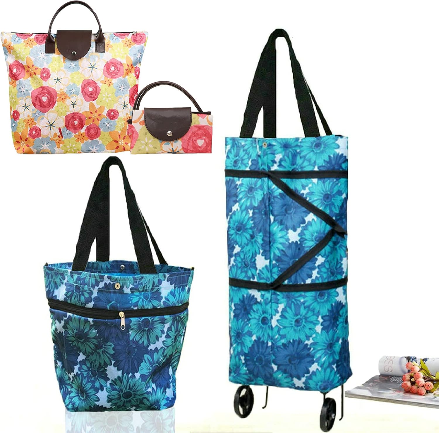 Collapsible Shopping Bag with Wheels Portable Shopping Cart with 360° Swivel Wheels Rolling Tote Bag Reusable Grocery Bag Trolley Bag on Wheels for Travel Shopping and Daily Use(Blue)
