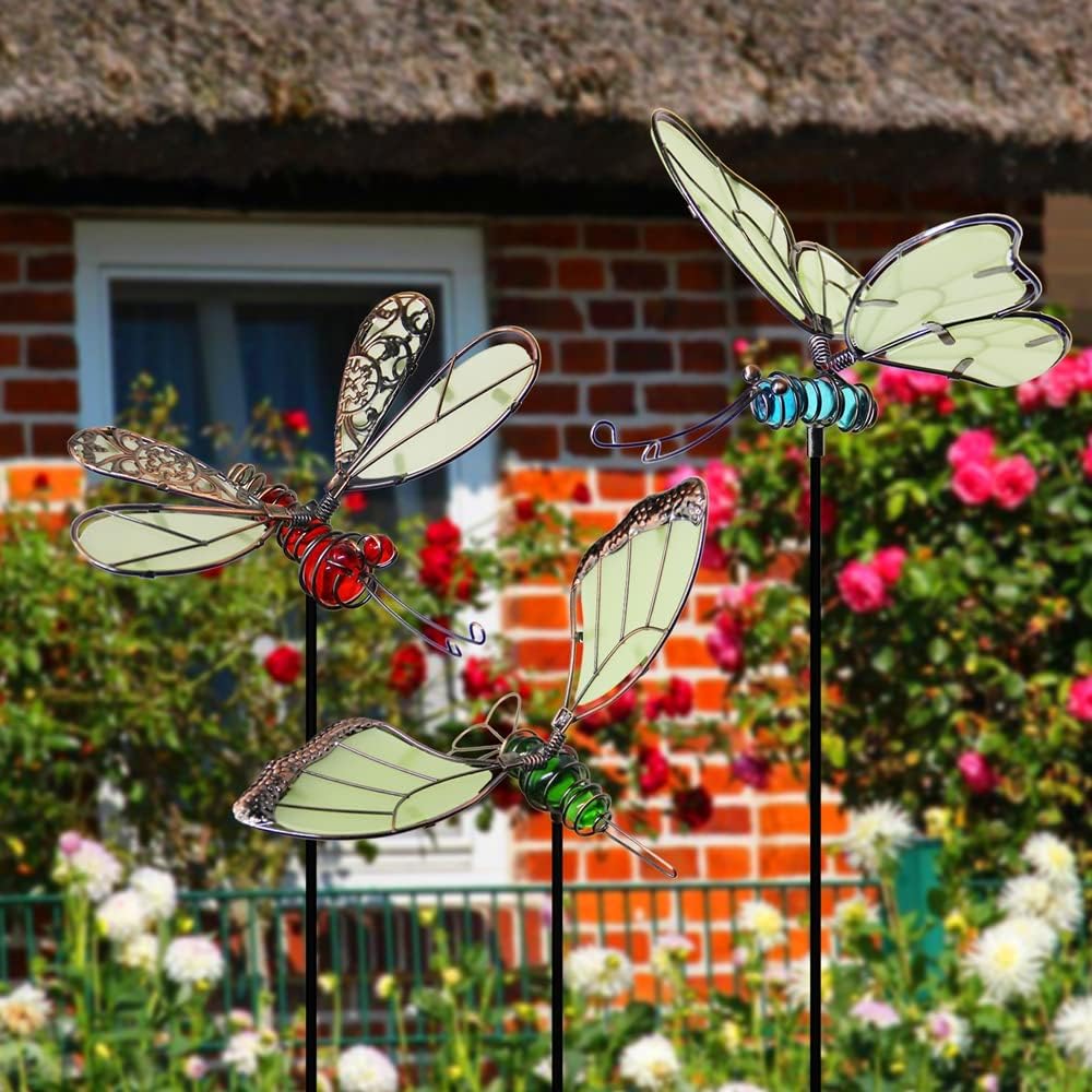 Juegoal 20 Inch Butterfly Garden Stakes Decor, Dragonfly Stakes, Hummingbird Glow in Dark Metal Yard Art for Mom, Mothers Day Ideal Gifts