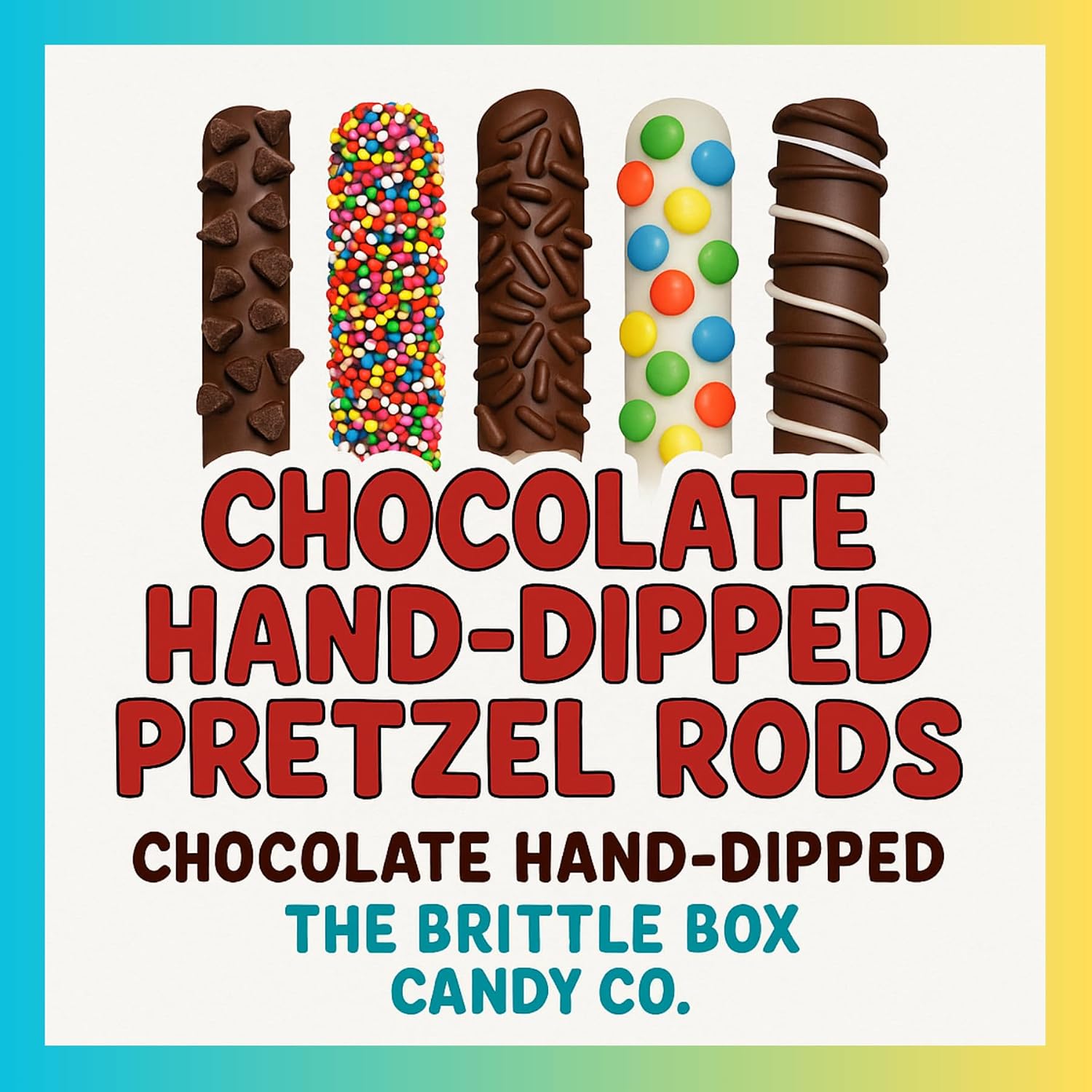 Chocolate Covered Pretzel Rods Gourmet Pretzel Sticks with Rainbow Sprinkles & Assorted Toppings Bulk 50 pack Individually Wrapped Chocolate Covered