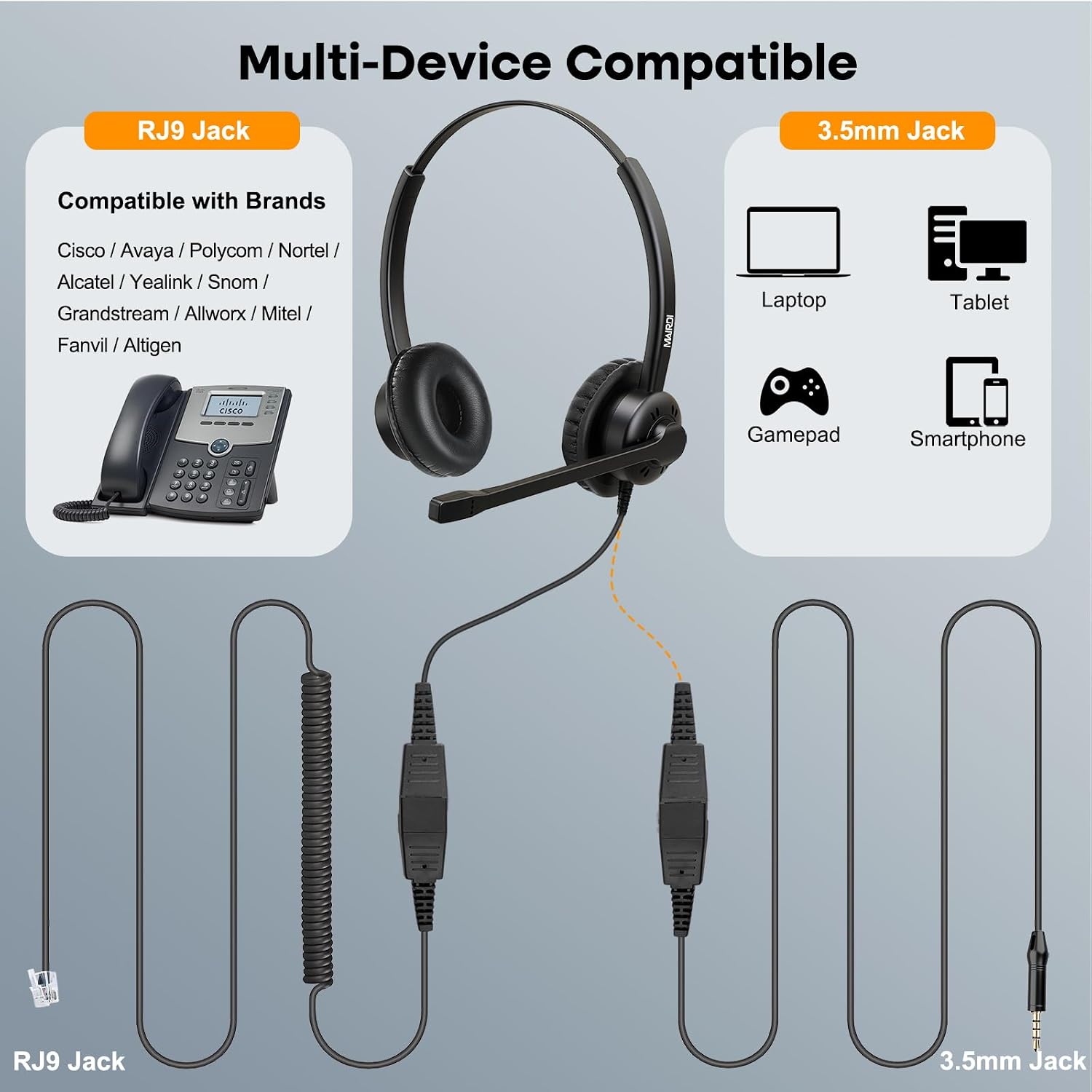 MAIRDI Phone Headset with Microphone Noise Canceling, Telephone Headset for Call Center, Office Headset with RJ9 & 3.5mm Jack for Landline Deskphone Cell Phone PC Laptop, Work for Polycom Avaya