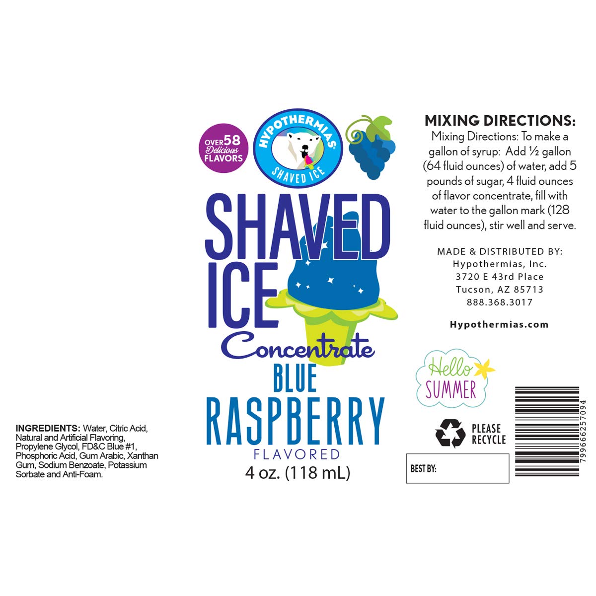 Hypothermias Shaved Ice and Snow Cone Syrup Unsweetened Flavor Concentrate - 4 Fl. Oz - Makes 1 Gallon of Syrup - Blue Raspberry - Must Add Filtered
