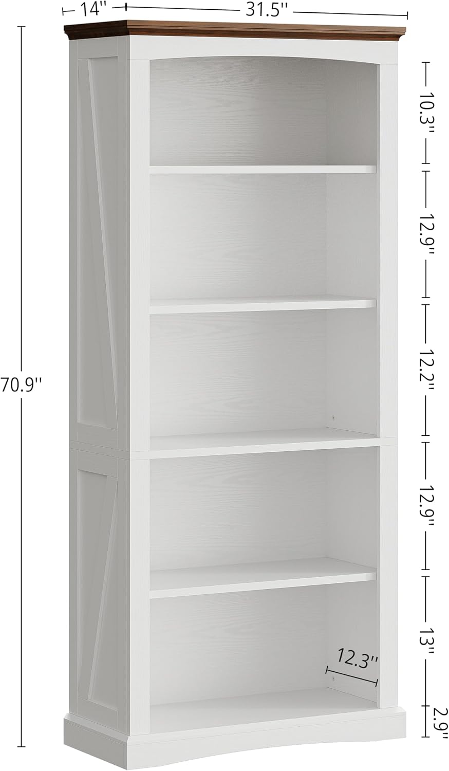 IRONCK 5 Tier Farmhouse Bookshelf 70.9" White Bookcase with Brown Wood Top | brown top & brace side panels, anti-tip stable design, bookcase, bedroom