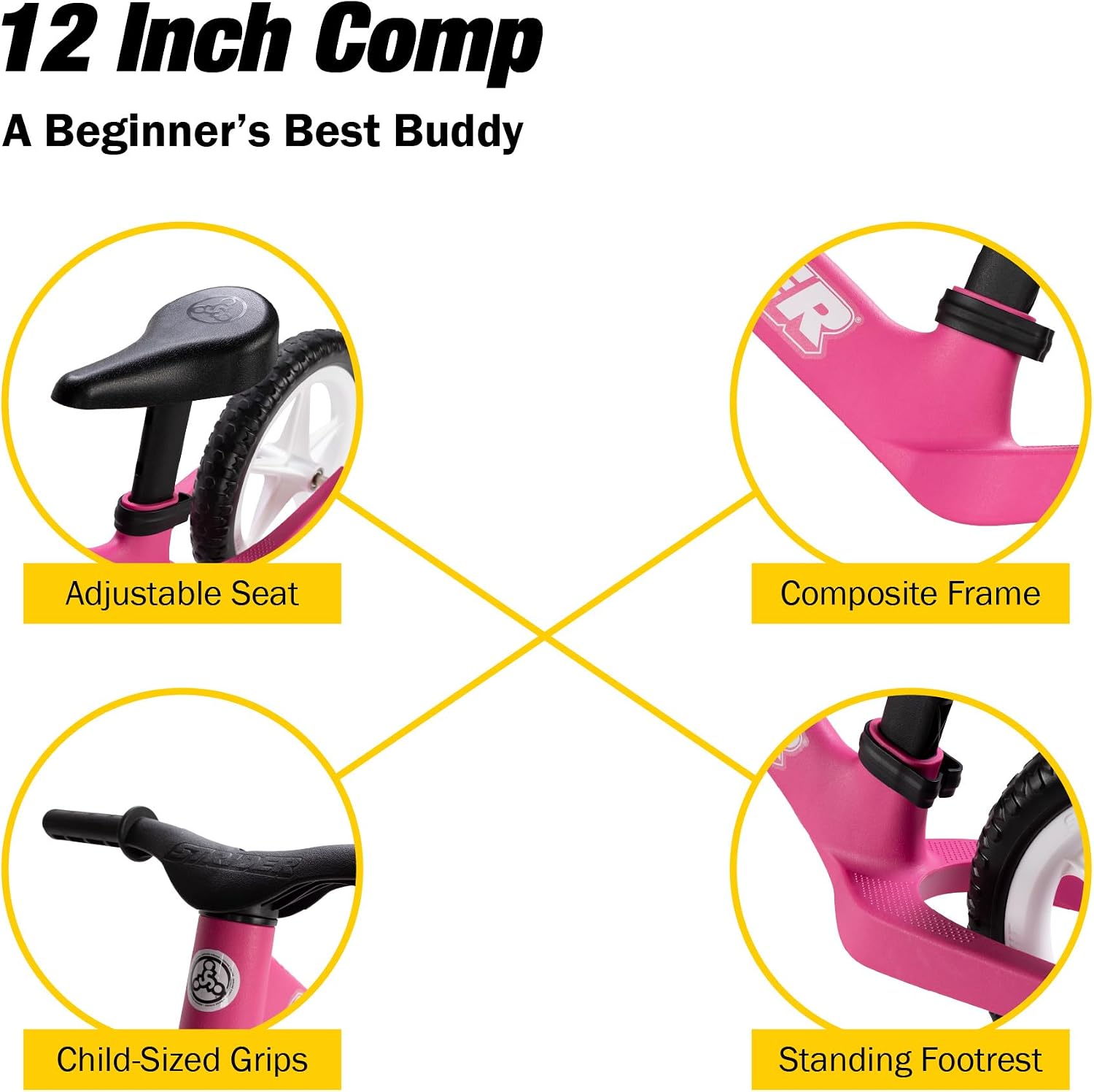 Strider 12 Comp, No Pedal Balance Bike for Kids Ages 1–3 Years | No-Pedal Composite Bike, Adjustable Seat, Lightweight Frame, Easy Assembly, Durable All-Weather Plastic, Never Flat Tires