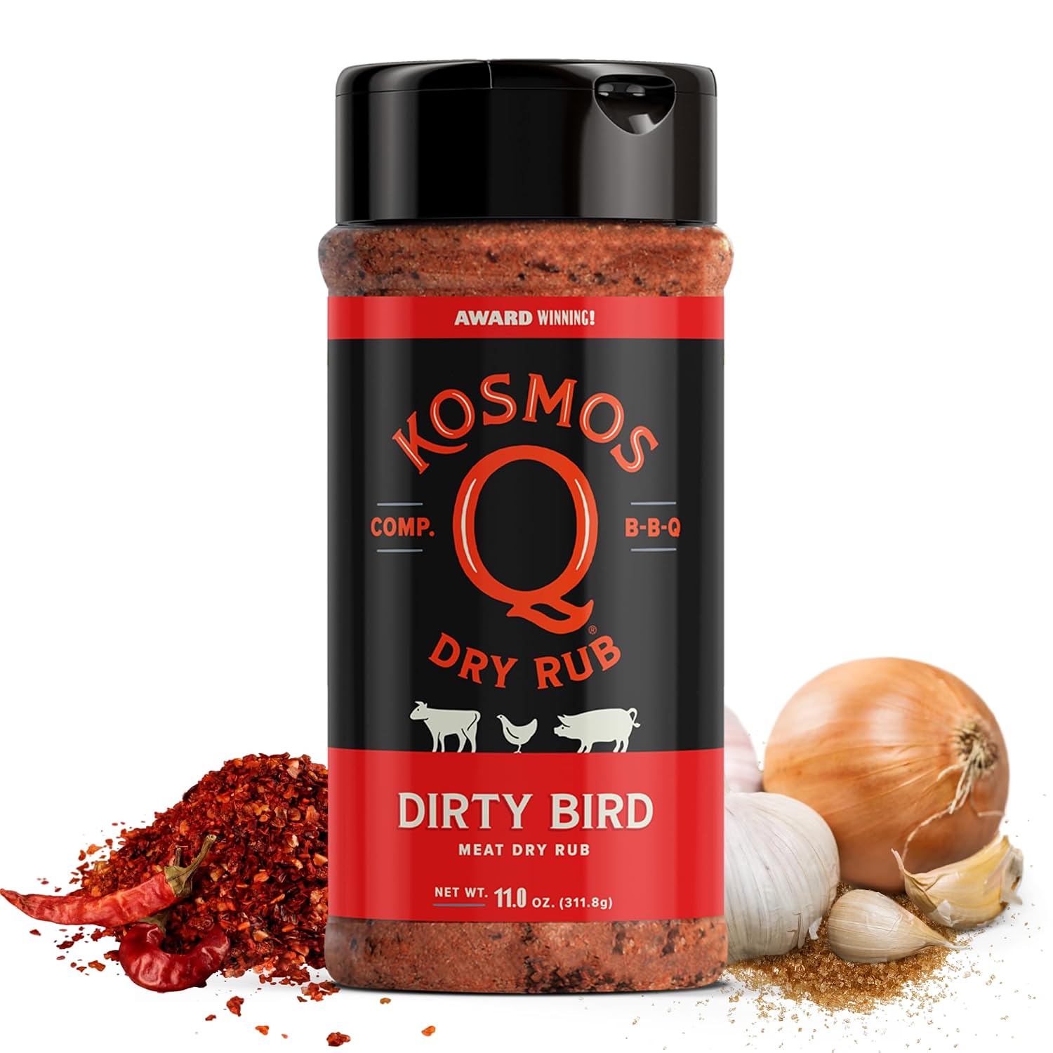 Kosmos Q Hot Dirty Bird BBQ Dry Rub, Spicy Seasoning with Chili Pepper, Brown Sugar, Garlic & Onion for Chicken, Turkey, Ribs, Pork, Dry Rub for Smoking & Grilling Meat, BBQ Spice Blend, 11 Oz Bag