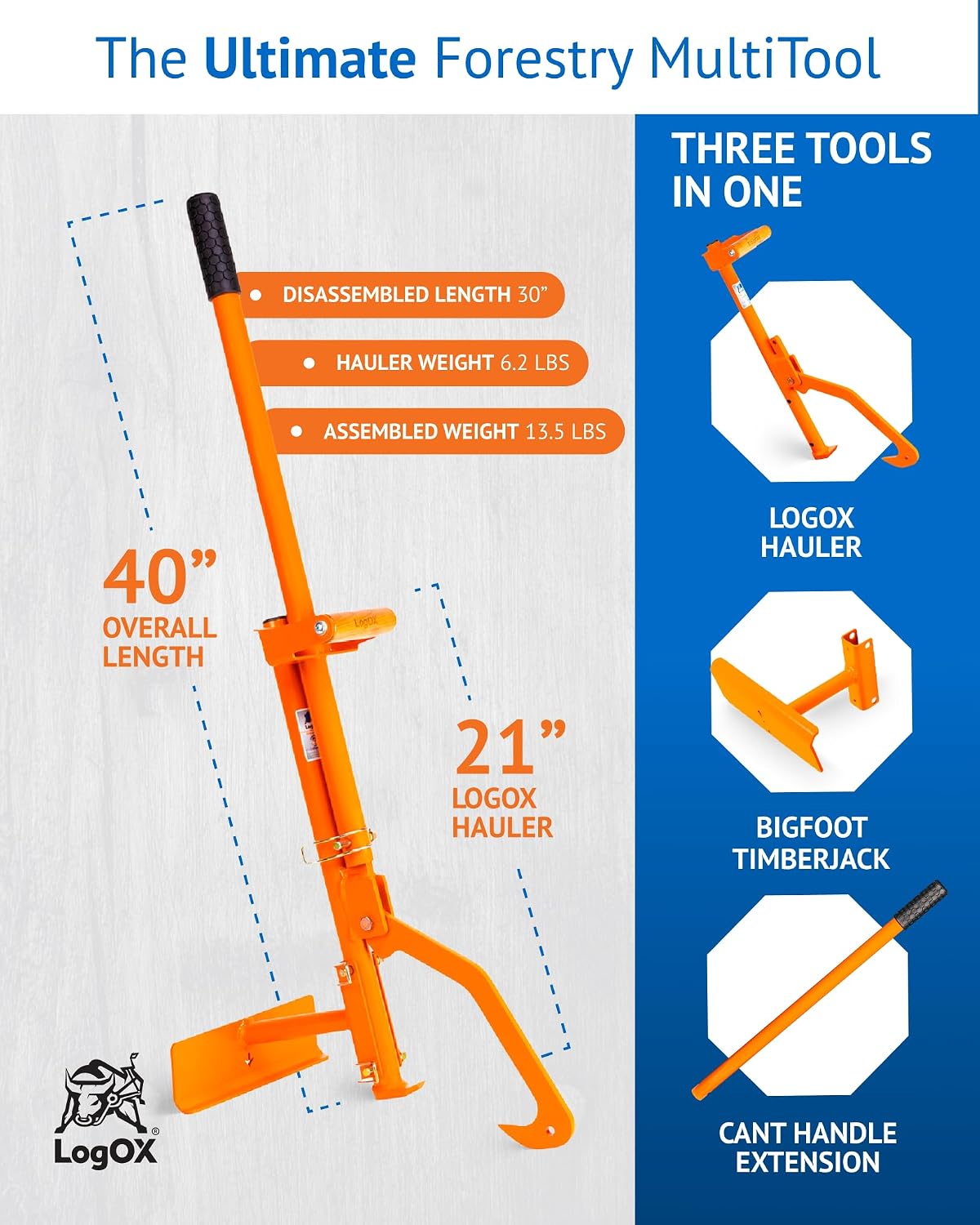 Hauler - 21” Cant Hook Log Roller and Carrier | Orange Powder-Coated Log Hauler Hand Tool for Firewood Harvesting, Brush or Tree Removal. (Patented, Made in USA, With A Warranty)