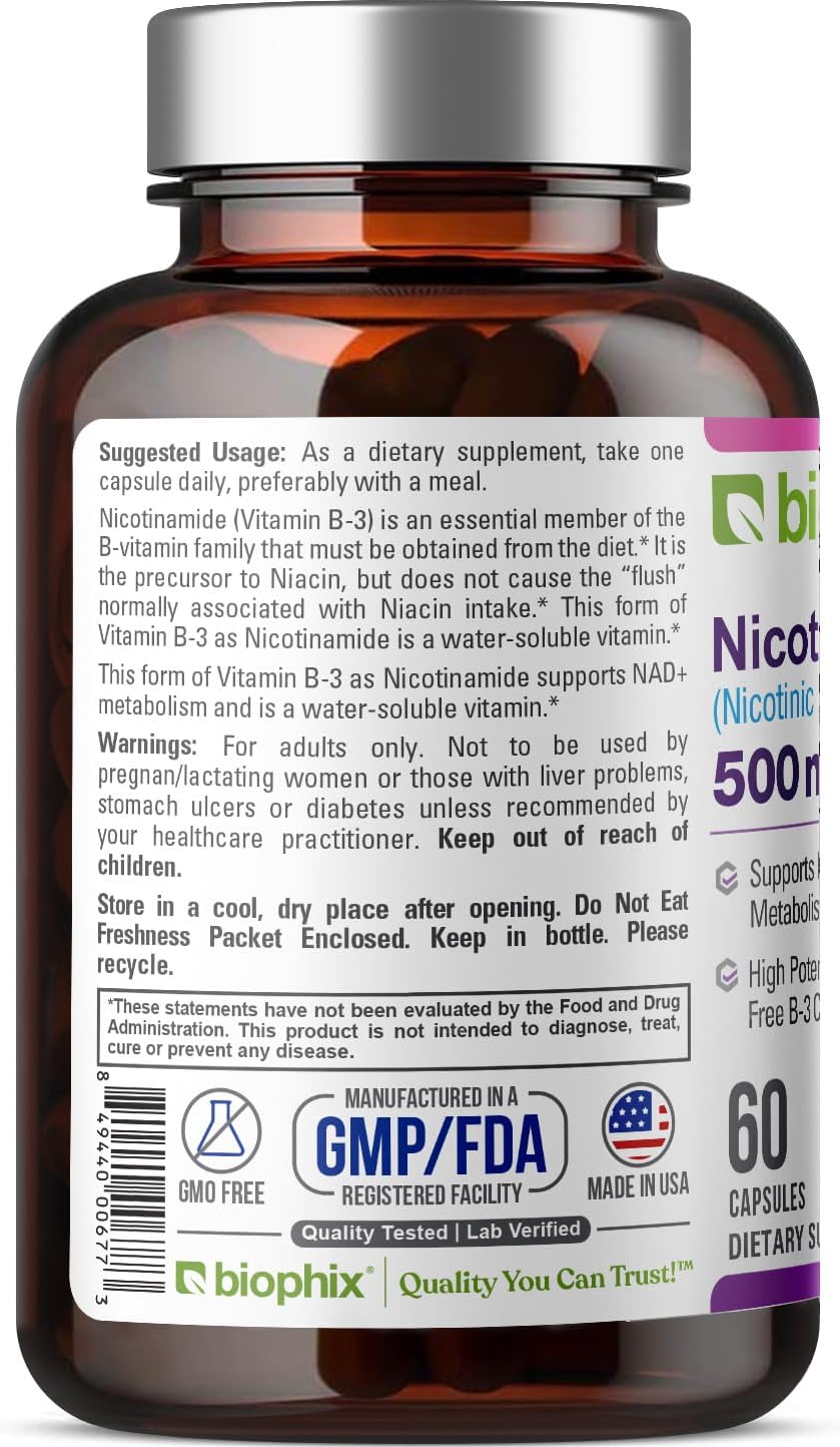 biophix B-3 Nicotinamide 500 mg 180 Caps - Nicotinic Amide Niacin Natural Flush-Free Vitamin Formula - Supports Skin Cell Health