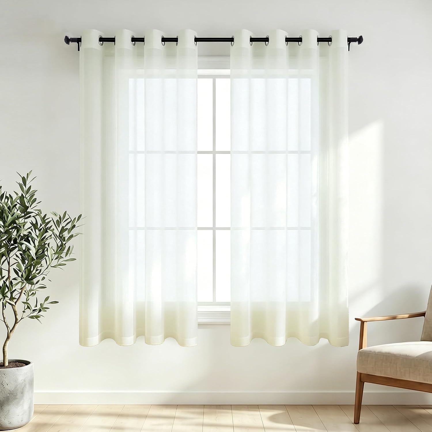 KOUFALL White Sheer Curtains 72 Inches Long for Bedroom Set of 2 Panels Grommet Faux Linen Window Voile Semi Baisc Decorative Sheer Curtains for