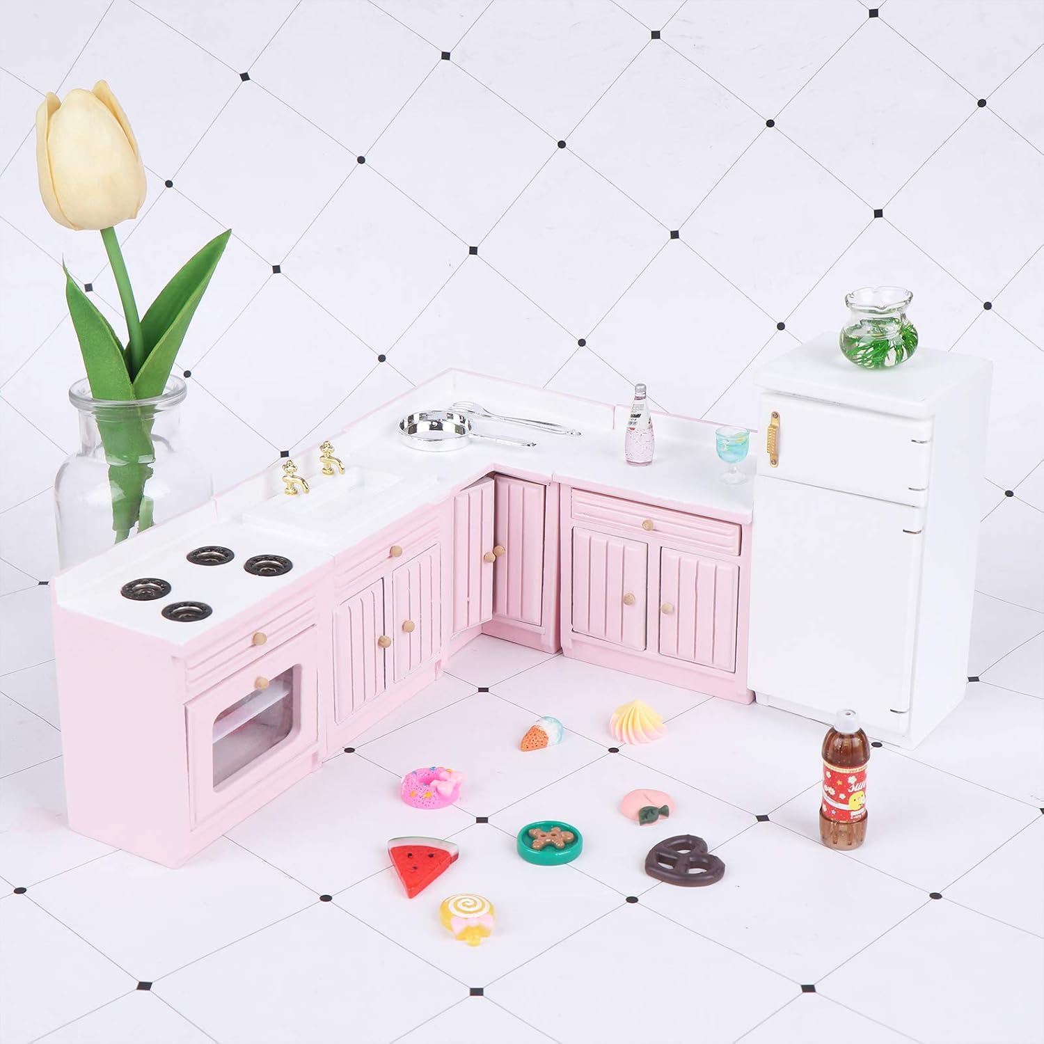 1:12 Scale Dollhouse Kitchen Furniture Set, 5 Piece Wooden Miniature Kitchen Accessories with Cabinet, Fridge, Sink, Corner Cabinet