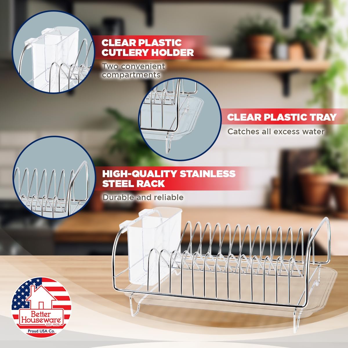 Better Houseware Stainless Steel Dish Drainer with Clear Plastic Tray and Cutlery Holder, Compact Space-Saving - Holds Up to 12 Plates