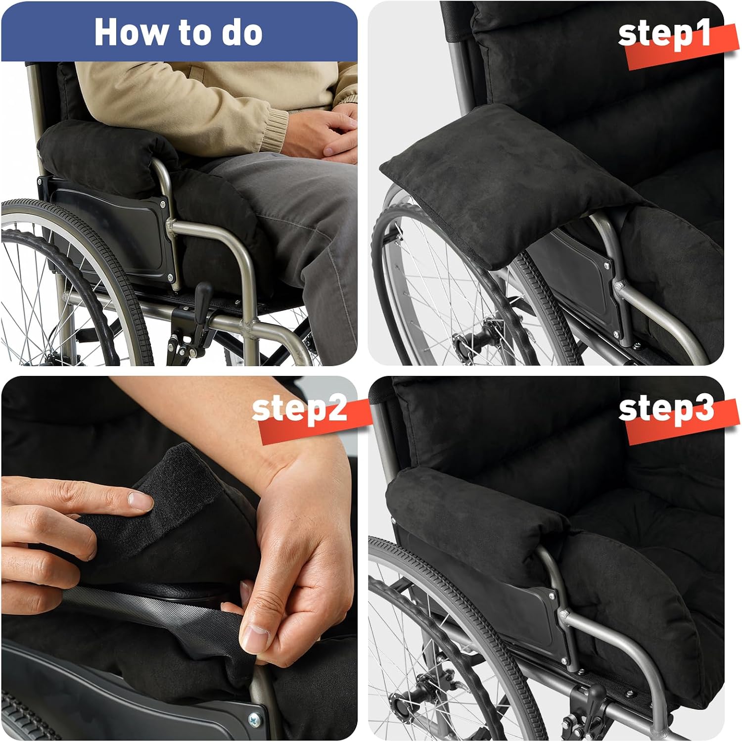 Wheelchair Cushions，Pressure Pain Relief Accessories with Armrest Covers. Supports Coccyx & Back, Non-Slip. Fits 18" Wheelchair with Full Arms, Blue.