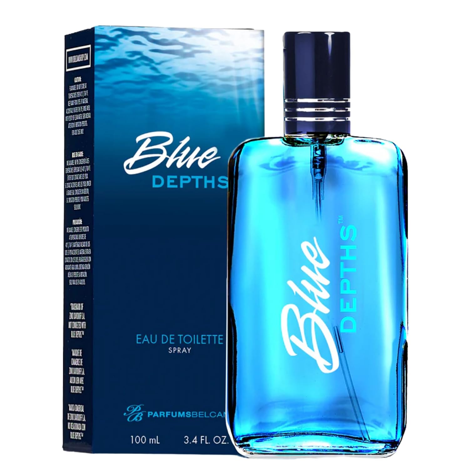 PB ParfumsBelcam Blue Depths Eau de Toilette Fragrance Spray - 3.4 Fl Oz. Fresh Aquatic Cologne for Men with Crisp Citrus, Warm Musk & Amber Scent