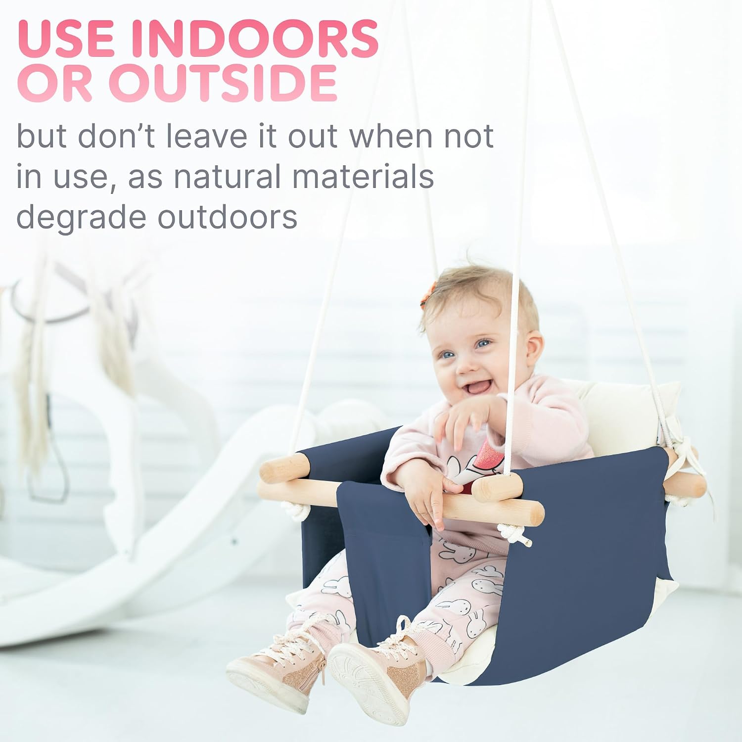 CaTeam Canvas Baby Swing Seat with 5-Point Safety Belt — Wooden Hanging Toddler Swing, Indoor & Outdoor, Ages 1-4, Ceiling Mount Hardware Included