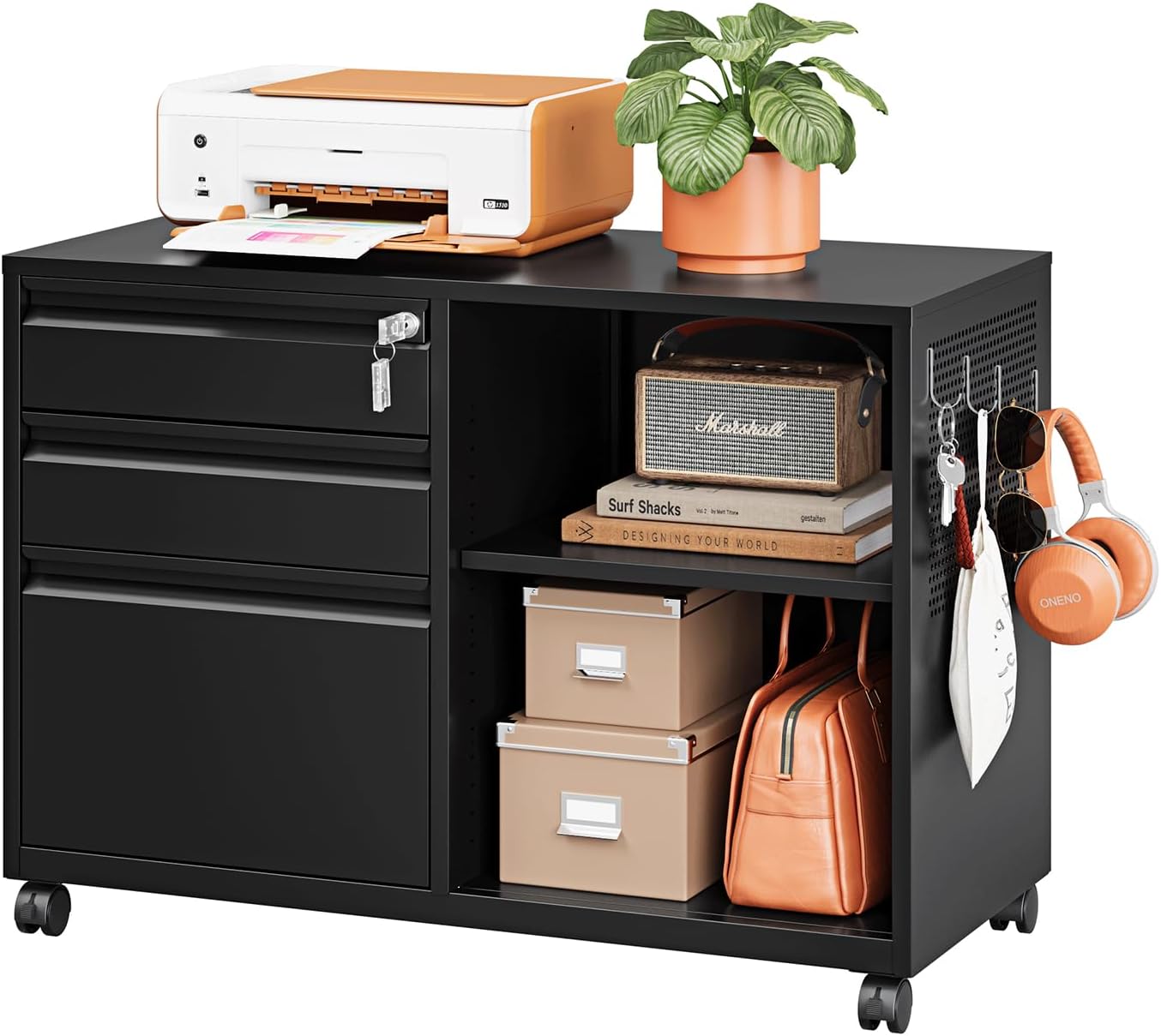 3 Drawer File Cabinet with Lock,Mobile Lateral Filing Cabinet with Side Hook for Letters/Legal/A4, Metal Printer Stand Storage Cabinets with Shelves for Home Office(Black)