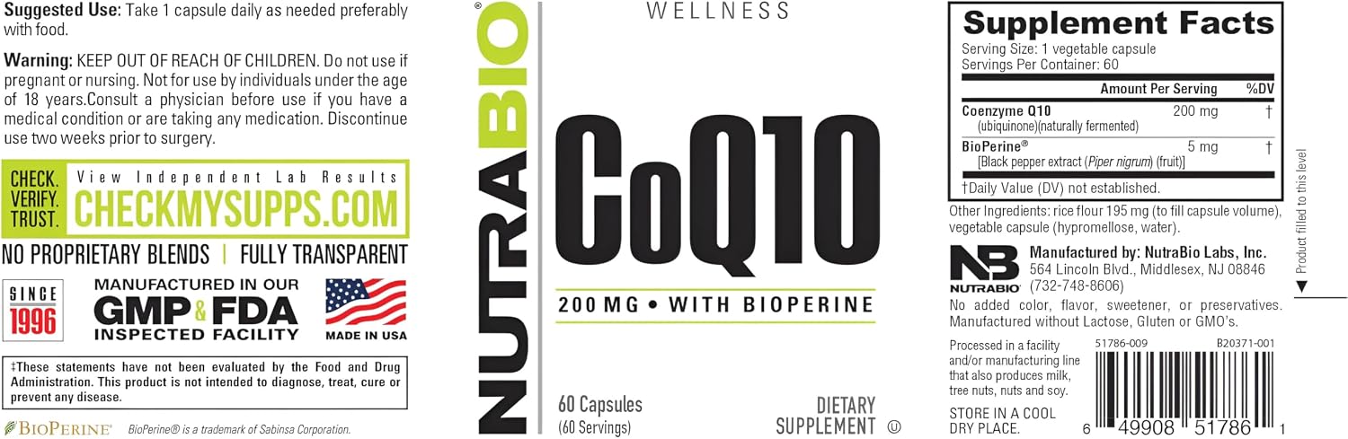 NutraBio CoQ10 Dietary Supplement, Healthy Heart Function & Cellular Energy Production, 100mg - 60 Capsules
