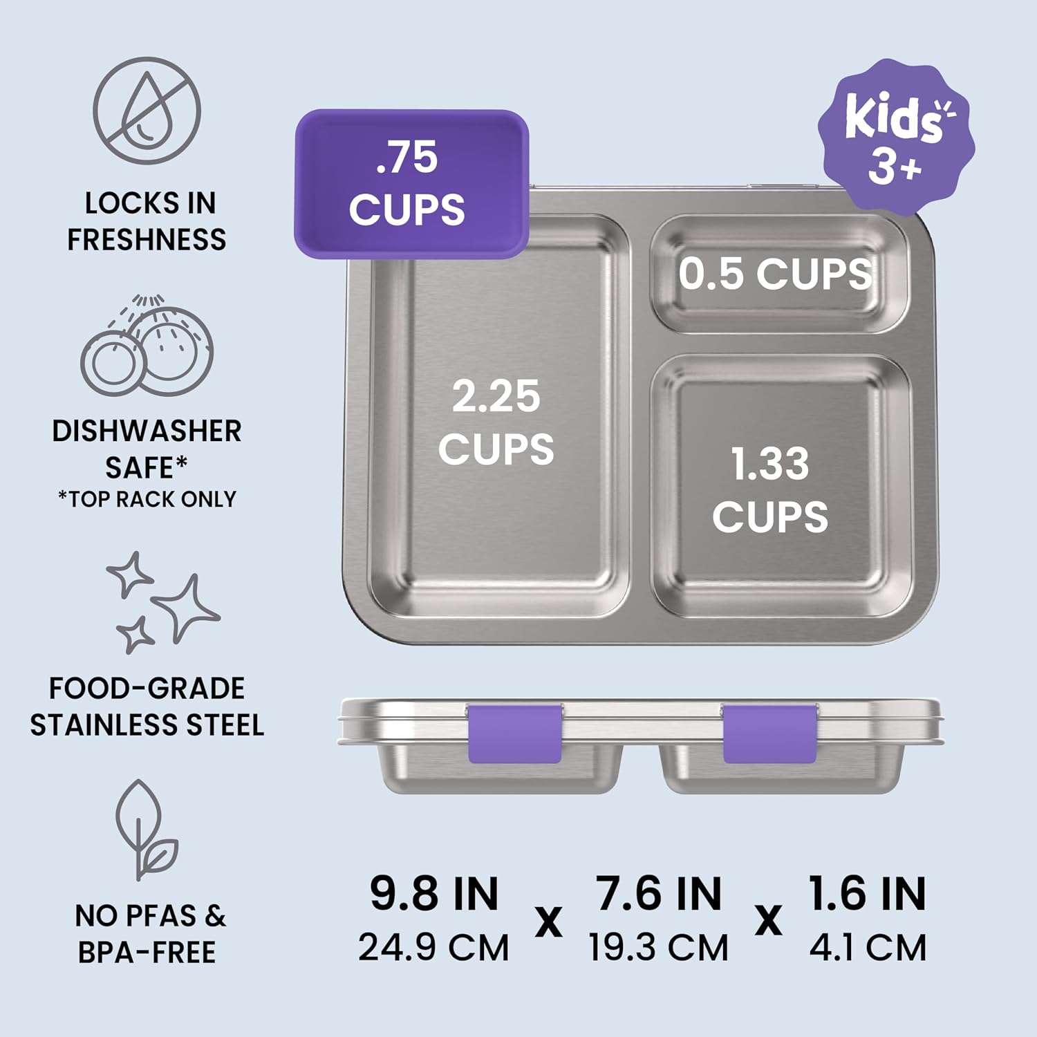 Bentgo Kids Stainless Steel Leak-Resistant Lunch Box, 3 Compartments