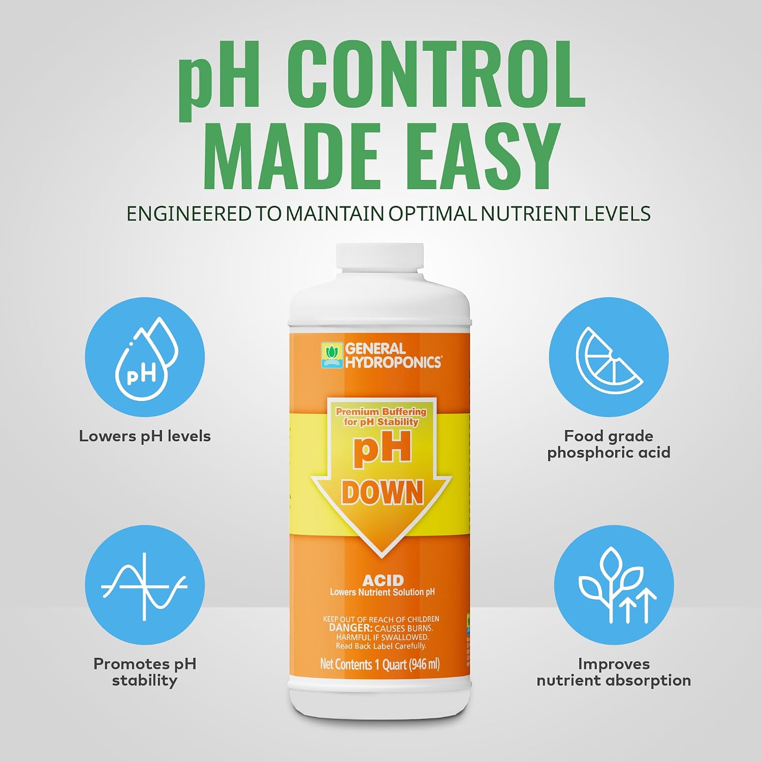 General Hydroponics pH Up Liquid Premium Buffering For pH Stability, Quart