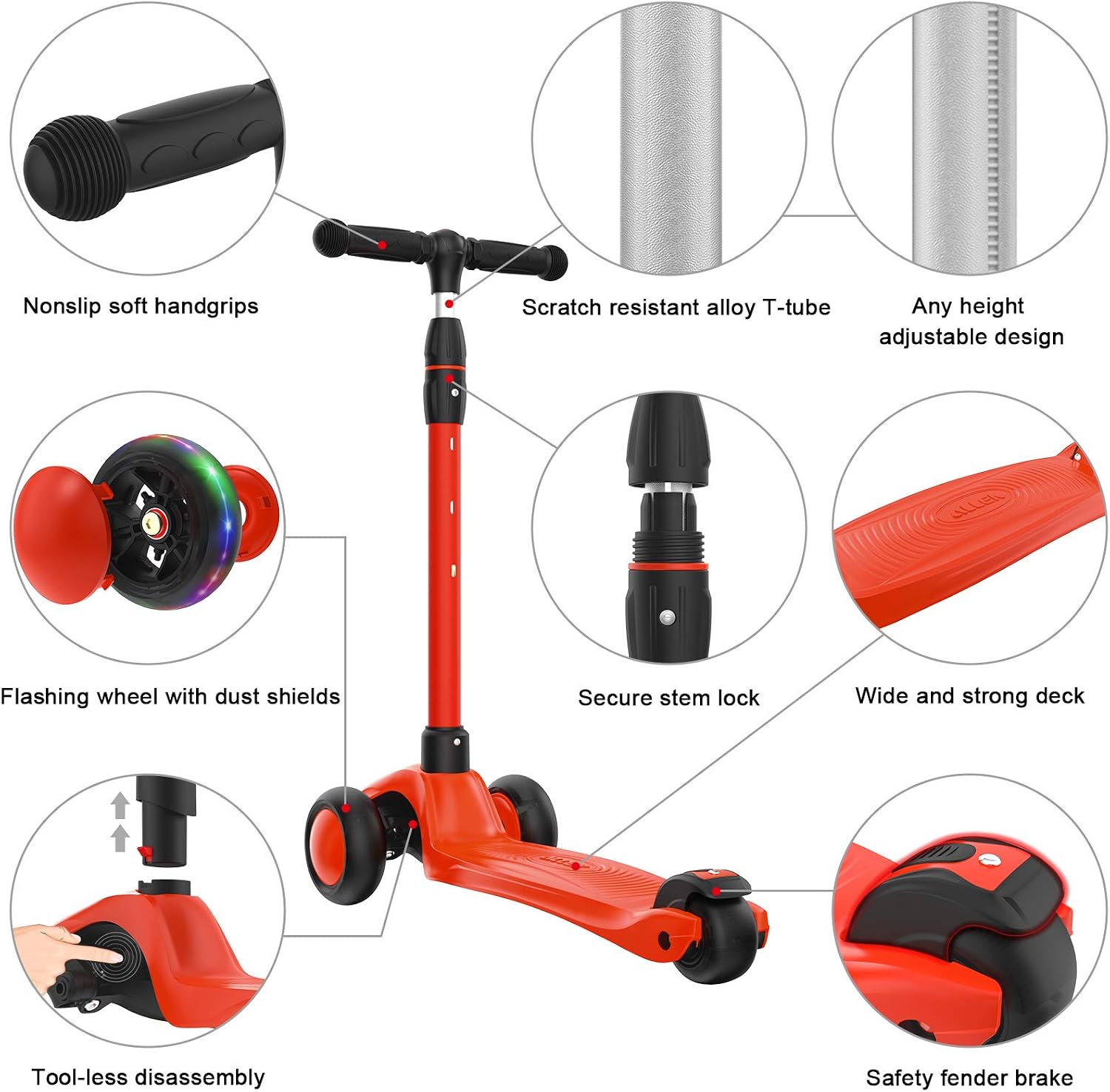 Allek Kick Scooter B03, Lean 'N Glide 3-Wheeled Push Scooter with Extra Wide PU Light-Up Wheels