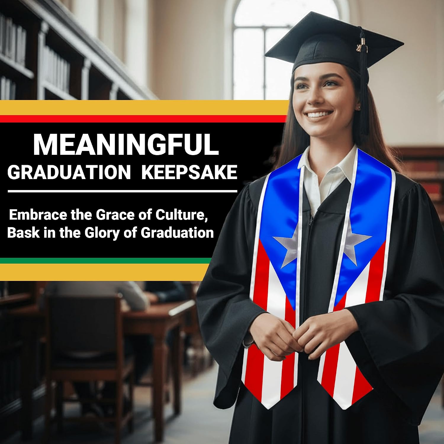 YOXEULL National Flag Embroidered Graduation Stole with Trim, Graduation Sash Graduates Gift, 72"