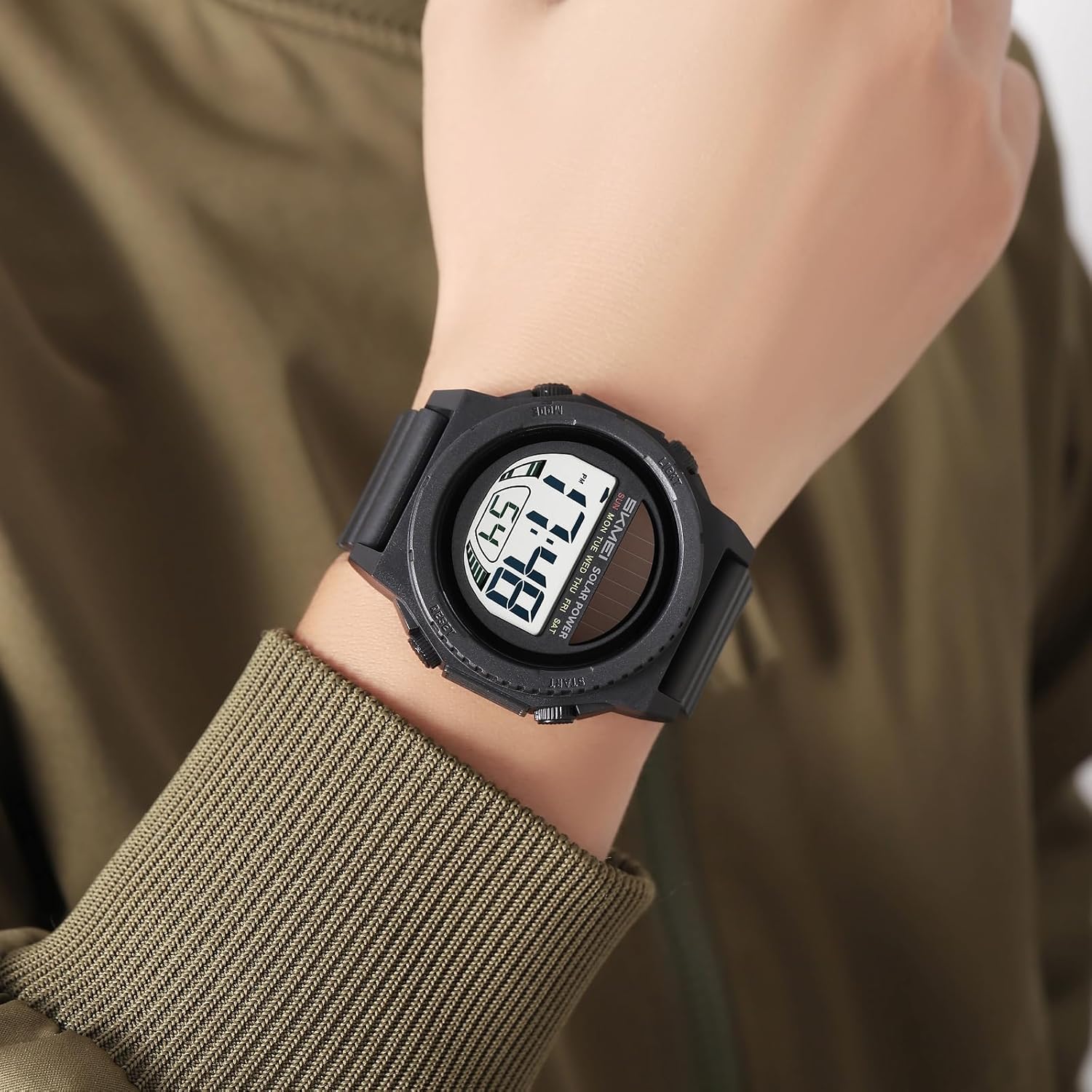 MASTOP Solar Powered Energy Watch for Men Military Digital Multifunctional Led Luminous Indication 2 Time Zone 50m Waterproof Watch Reloj Solar para Hombre