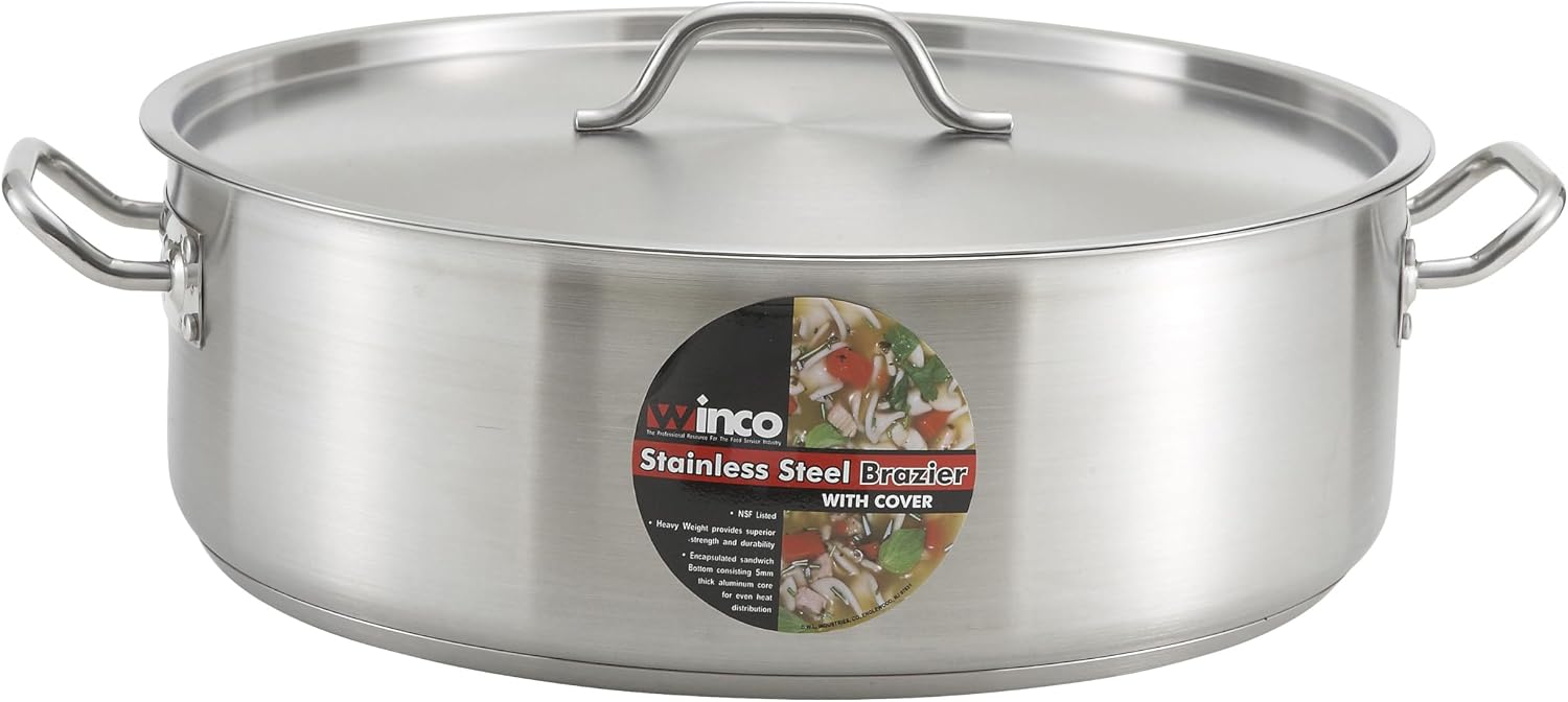 Winco 15 qt Stainless Steel Brazier Pan with Lid | Flat bottom, Wide base, Riveted handles, Induction safe, Great for Braising, Simmering, Batch Cooking and Restaurant Kitchens