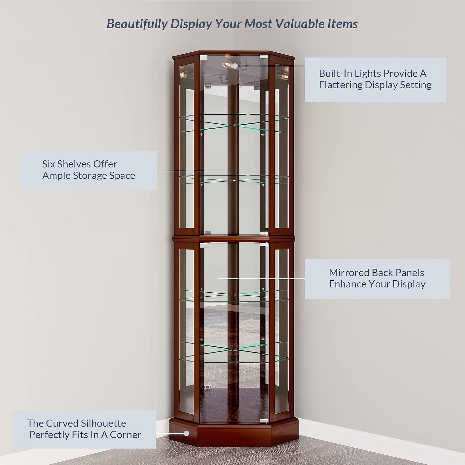BELLEZE Lighted Corner Display Curio Cabinet Wooden Curved Shelving Unit with Tempered Glass Door