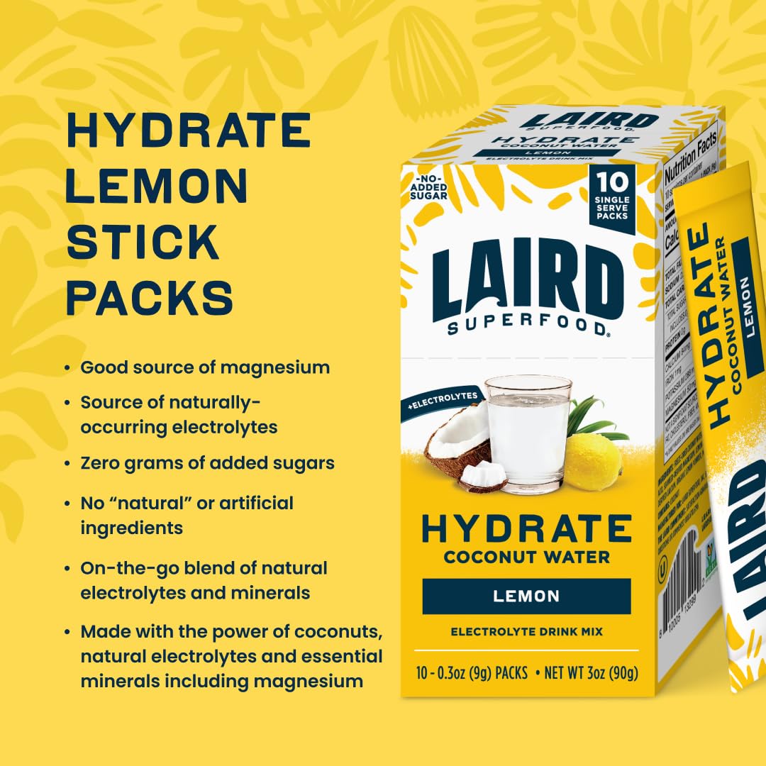 Laird Superfood HYDRATE Coconut Water Powder Drink Supplement with Coconut Water and Auqamin, All Natural, No Added Sugars, Gluten-Free, Non-GMO, Vegan, 8 oz. Bag, Pack of 1