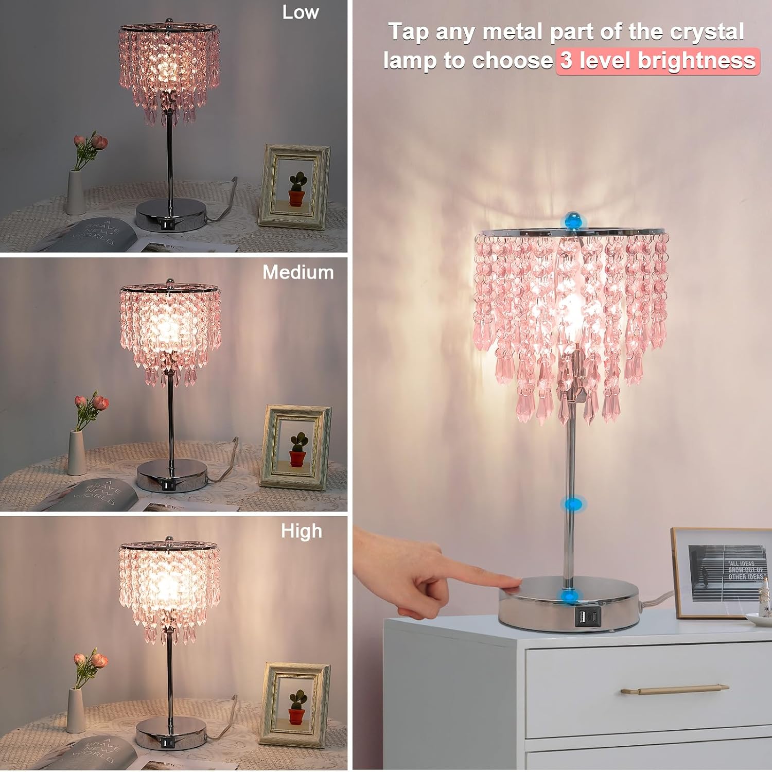 Touch Control Crystal Table Lamp with USB C+A Charging Ports, 3-Way Dimmable Bedside Touch Lamp Decorative Nightstand Lamp with Elegant Lampshade for Living Room Bedroom, B11 LED Bulb Included