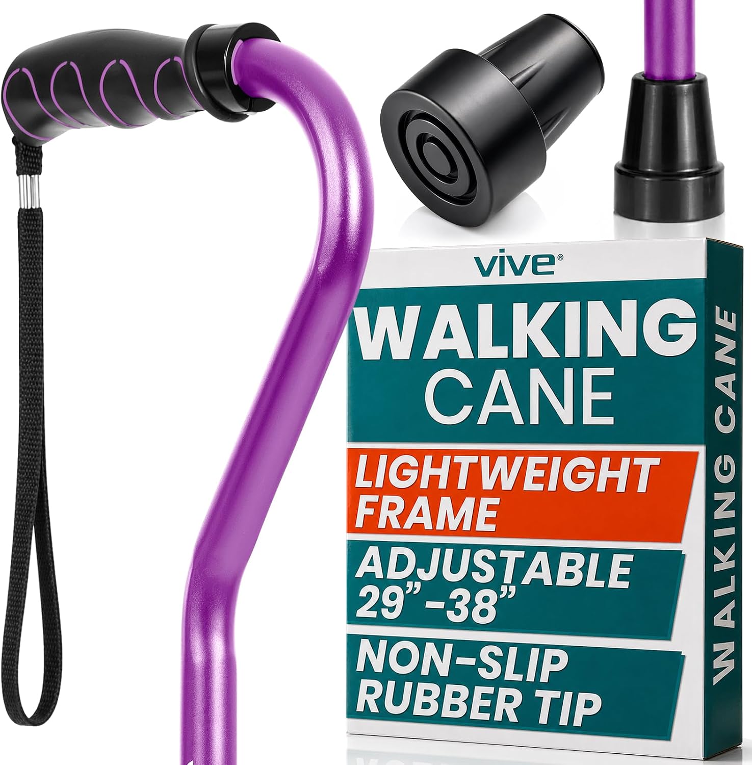 Vive Walking Cane for Women, Men, Elderly - Patented Offset Grip - Lightweight Adjustable Walking Aid with a Non-Slip Tip - Sturdy Balancing Mobility Aid for Seniors
