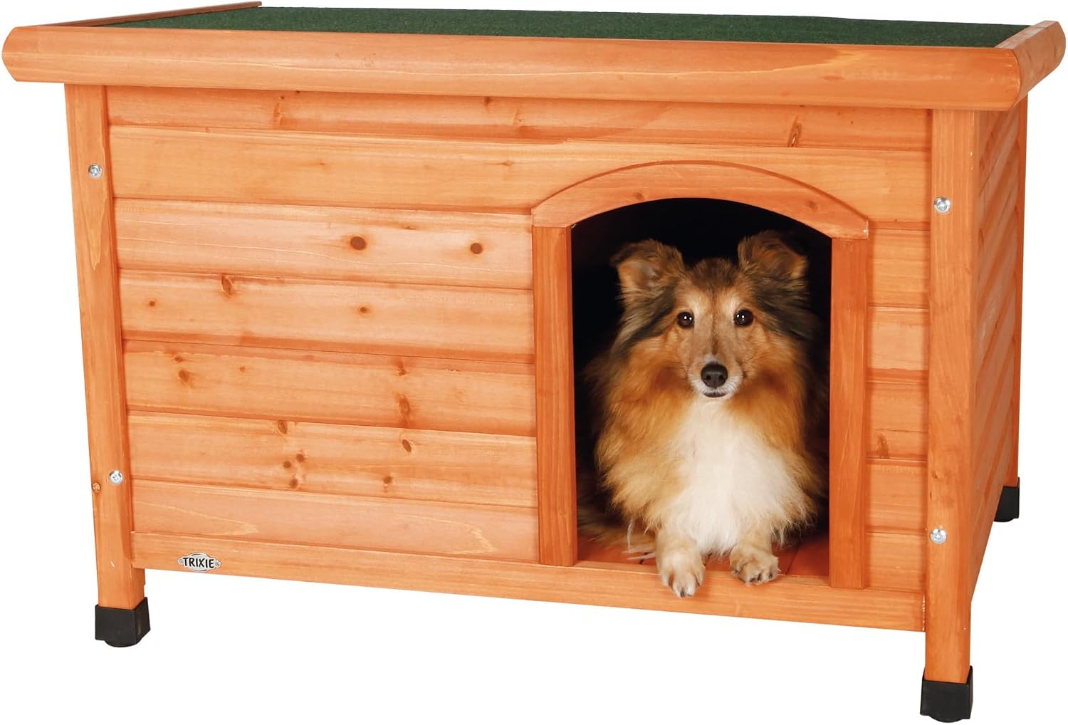 Trixie Natura Classic Dog House - Wooden Outdoor Shelter with Weatherproof Sealer, Hinged Roof & Adjustable Legs for Medium Dogs - Gray - 27 x 41 x 28.5 in