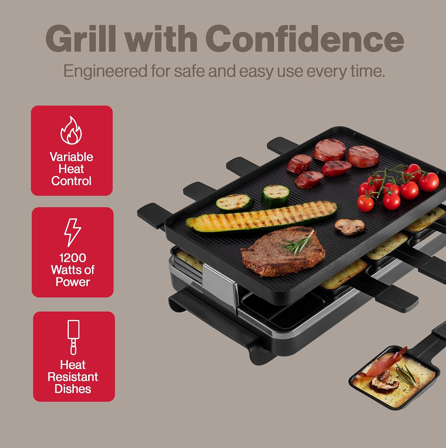 Swissmar Classic 8-Person Raclette Party Grill - Indoor Electric Grill & Griller with Reversible Cast Iron Grill Plate/Crepe Top - Anthracite Black
