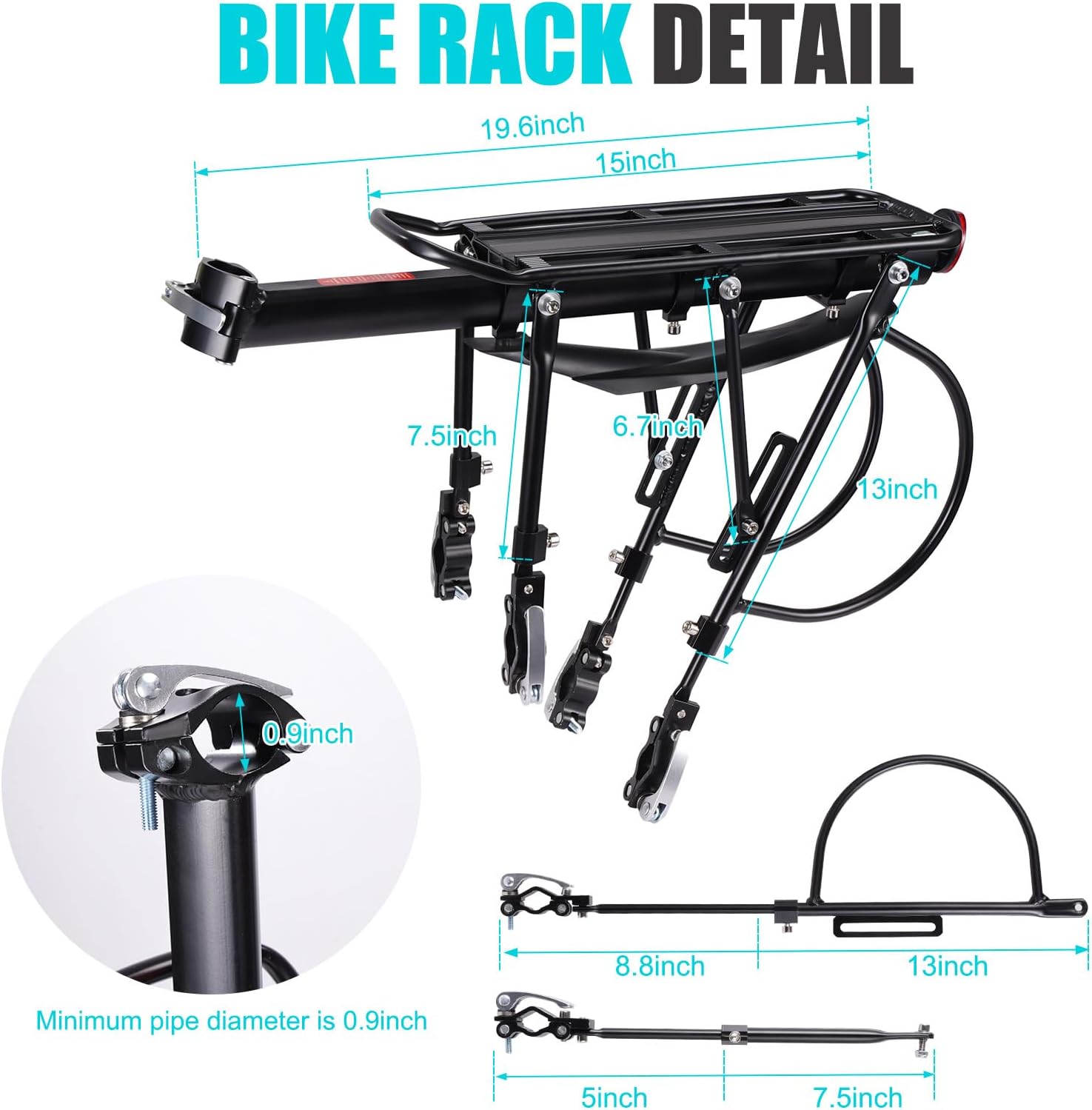 HOMEE Rear Bike Rack, Bike Cargo Racks Frame for 26"-29" Frames | Aluminum Alloy Universal Adjustable Cycling Equipment Stand Footstock Bicycle Luggage Carrier with Tools and Reflector