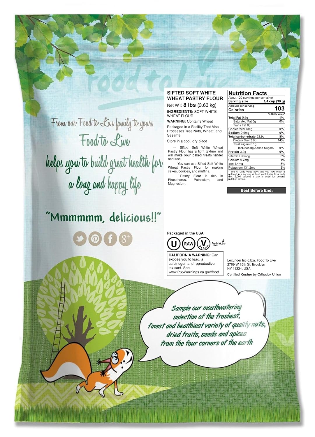 Food to Live Unbleached White Fine Pastry Flour, 2 Pounds – Stone Ground from Soft White Whole Wheat Berries, Finely Milled and Sifted, Unbromated