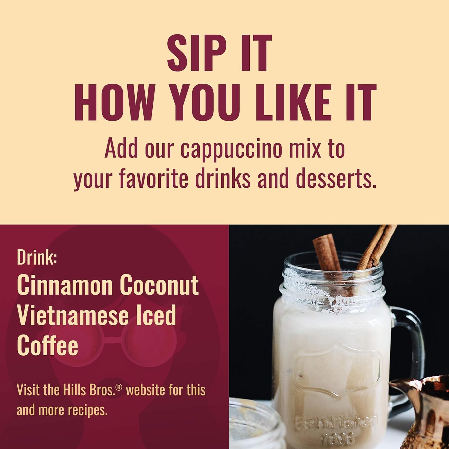 Hills Bros. Cappuccino Mix – Rich, Frothy Coffeehouse-Tasting Instant Drink Mix – Quick and Easy Preparation – Perfect for Hot & Iced Drinks & Creaming Coffee – Double Mocha, 1 Pack of 16oz