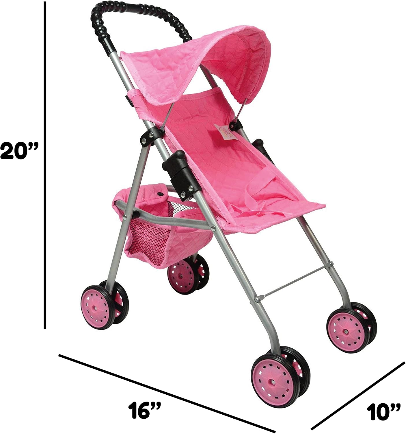The New York Doll Collection My First Doll Stroller with Basket & Heart Design Foldable Doll Stroller, Pink
